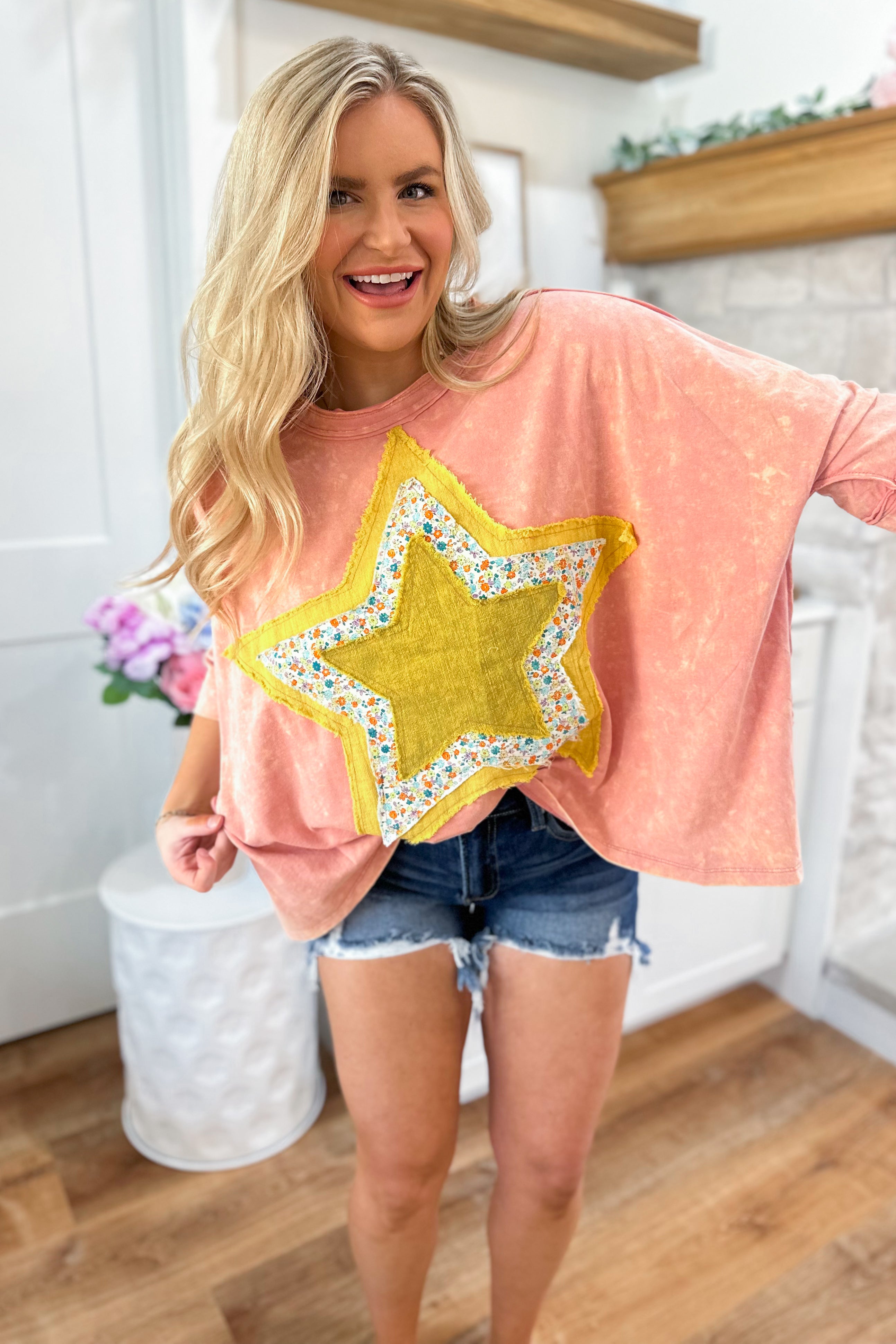 Peachy Keen Half Sleeve Cotton Slub Star Patch Top - Be You Boutique