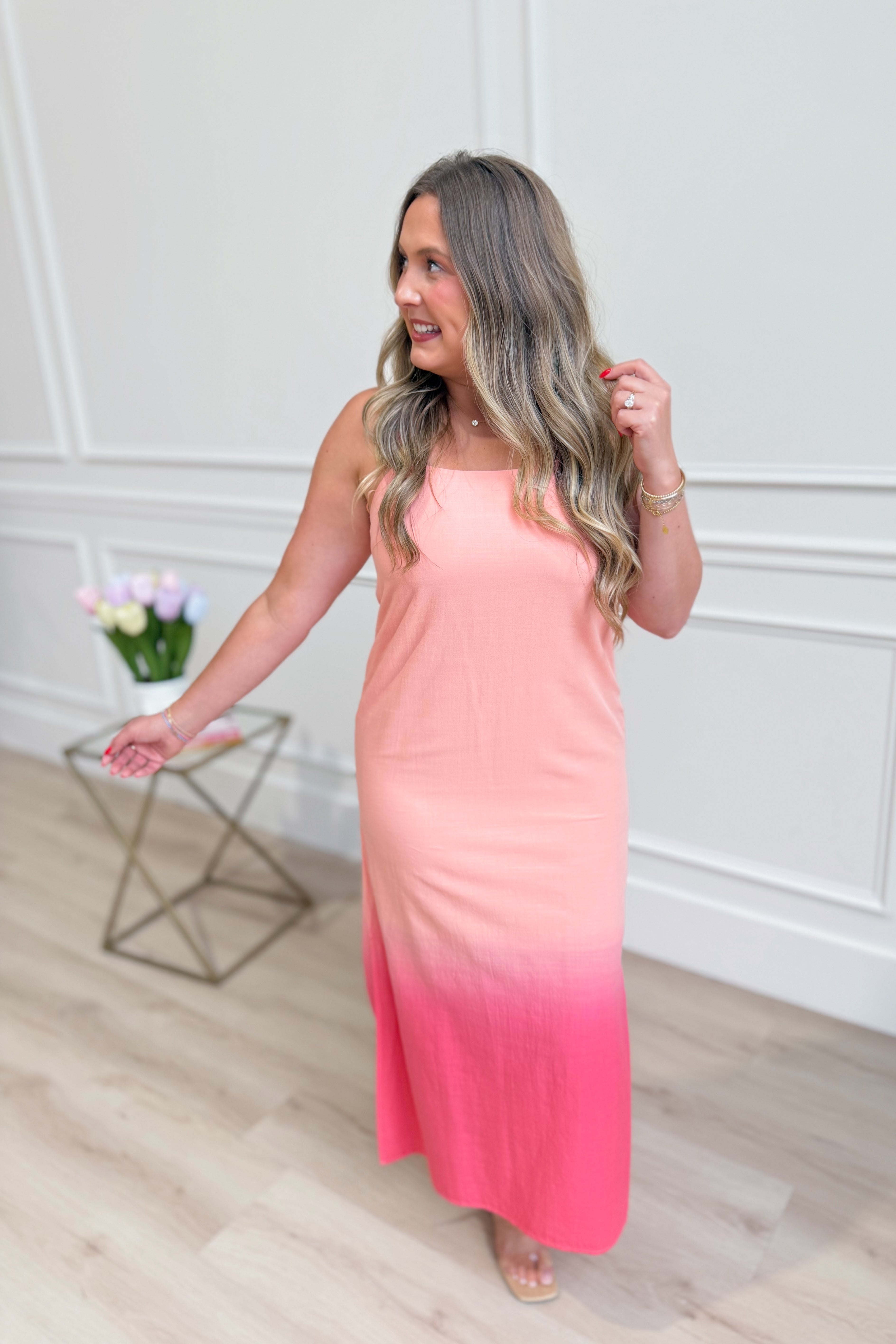 Corina sleeveless ombre midi dress by TCEC, casual dress with a gradient color pattern, shown on a model.