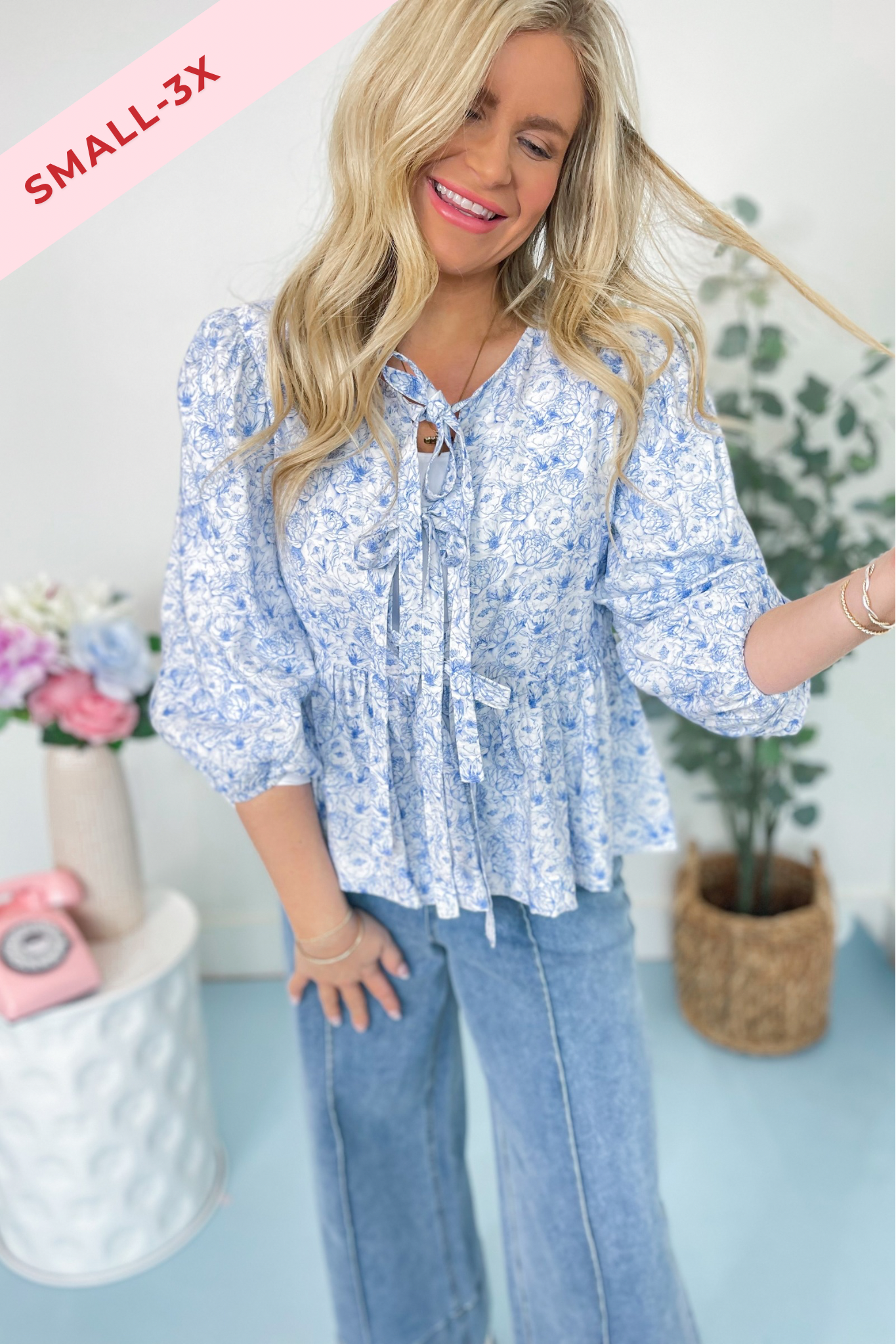 Azure Water Paint Floral Blouse - Be You Boutique