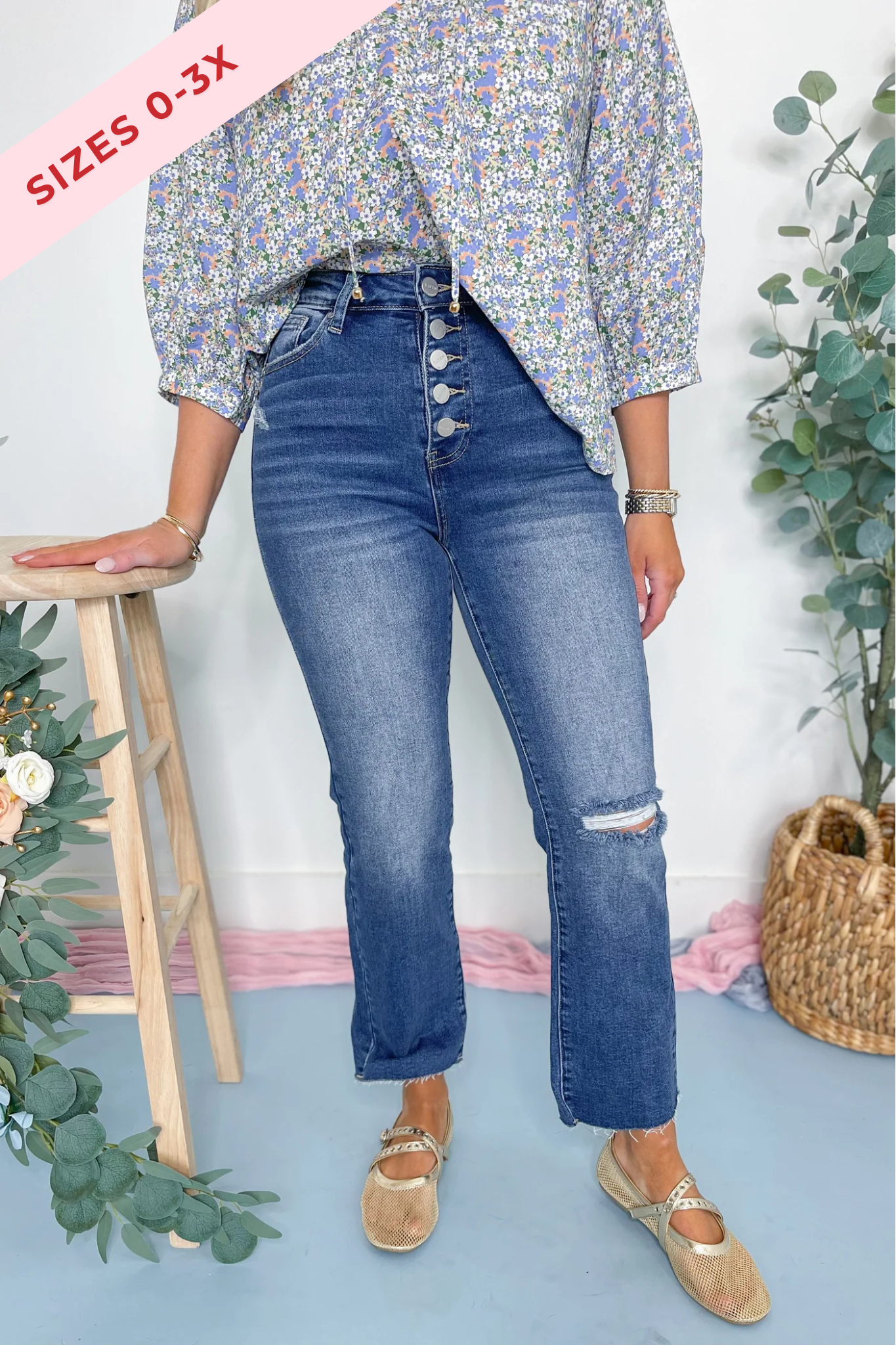 Risen James High Rise Crop Straight Button Down Distressed Denim Jeans [1-3XL] - Be You Boutique