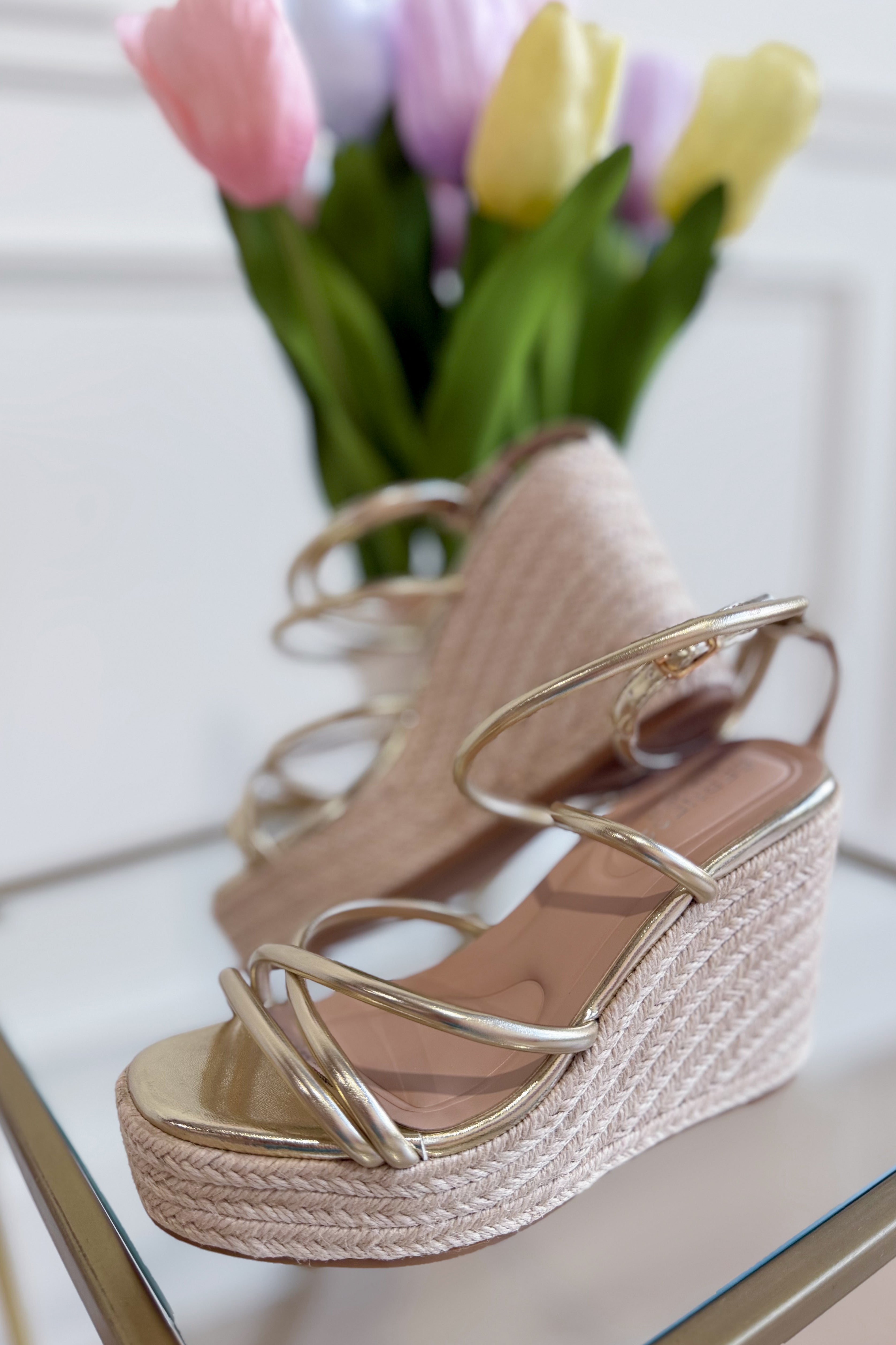 Berness Rhea Gold Wedge Sandal with ankle strap, featuring a cork wedge heel and stylish design for summer wear.
