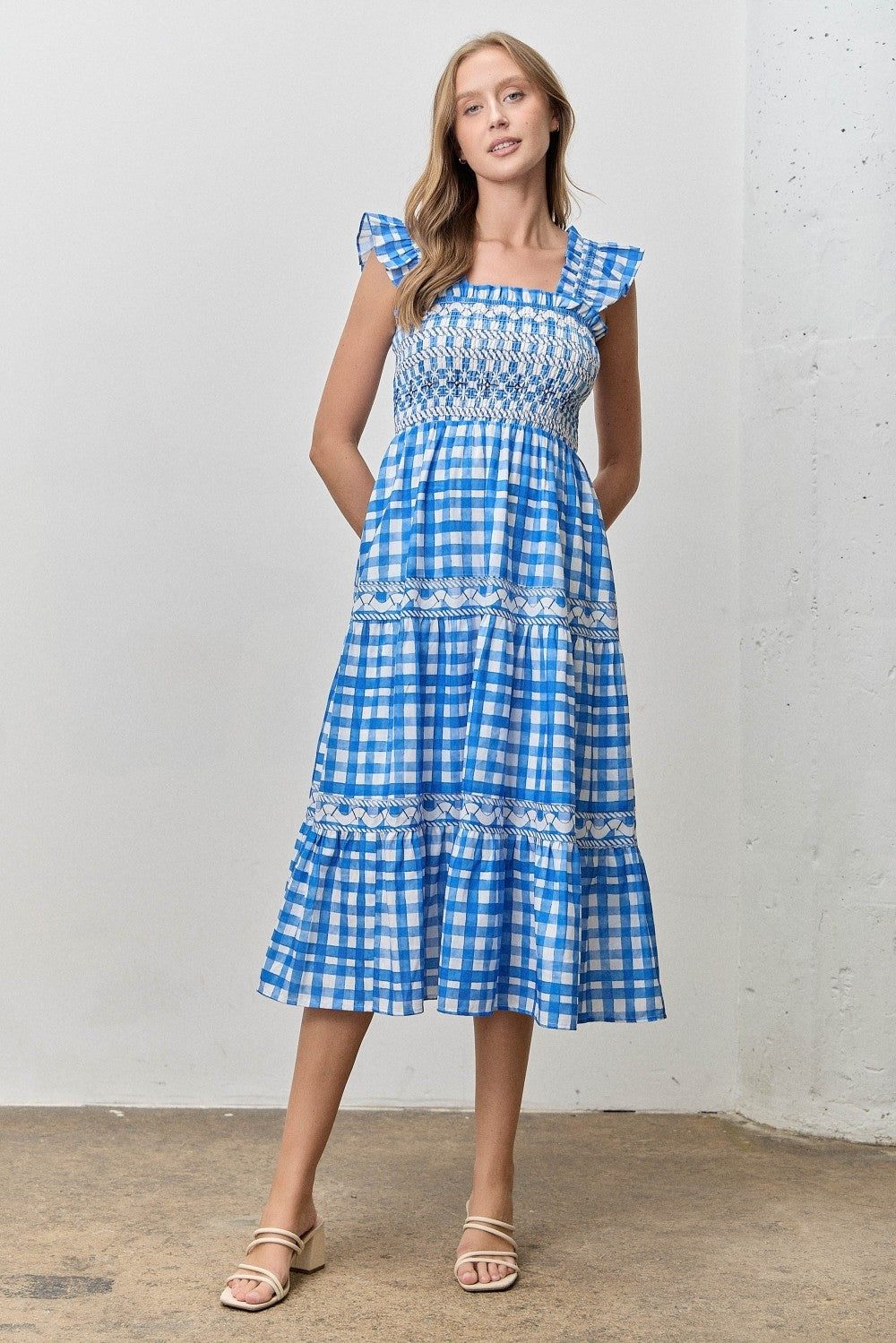 Baevely Lindsey Gingham Flutter Sleeve Dress in black and white, featuring a flowy silhouette and stylish flutter sleeves.