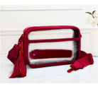 Burgundy Clear Stadium Crossbody Bag by QUEENS DESIGNS featuring transparent design and adjustable strap for easy carrying.