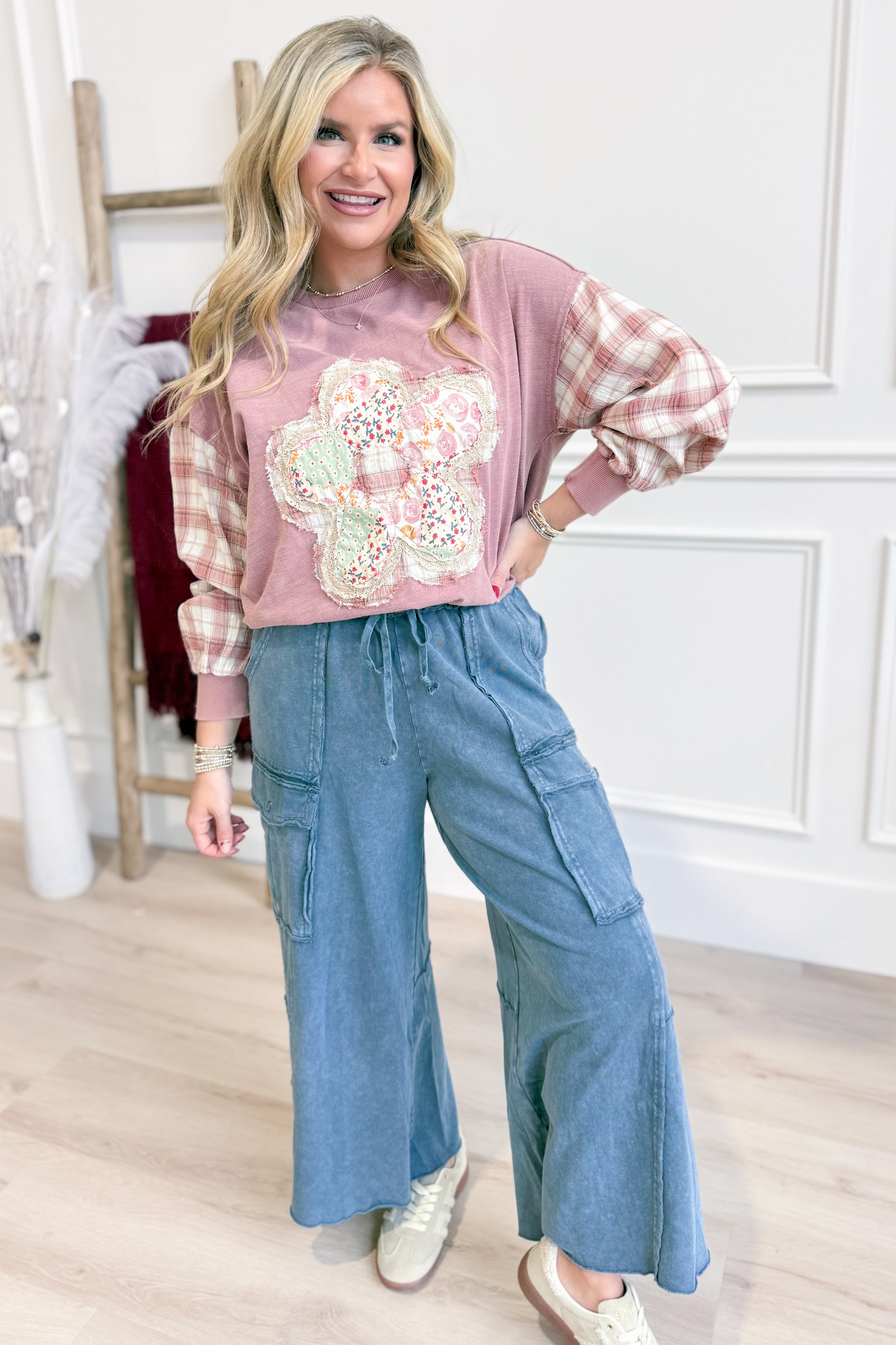 Sonya Plaid Sleeve Flower Patch Top - Be You Boutique