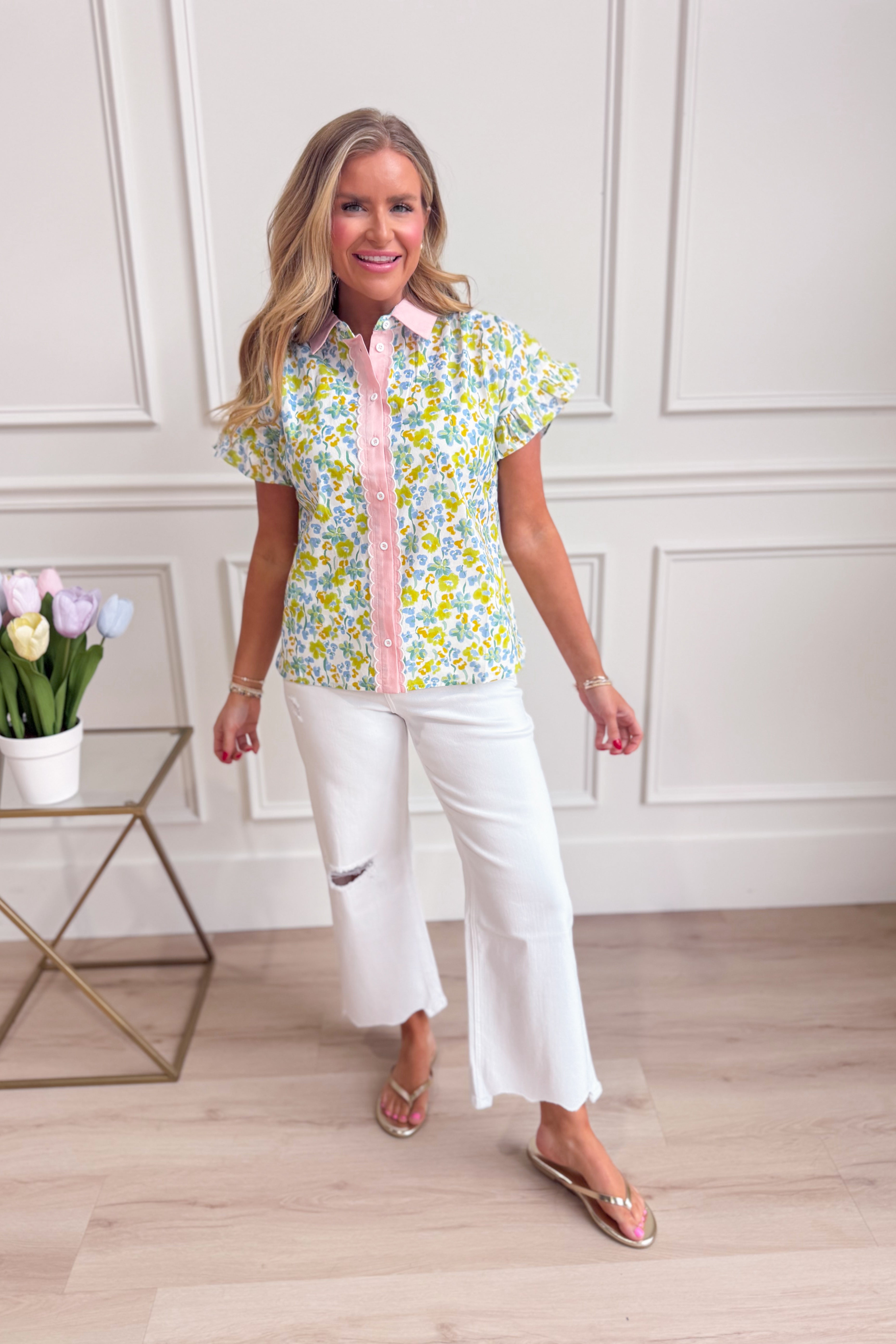 Colorful floral printed Tracey top from EE:SOME, featuring a stylish design ideal for dressy occasions.