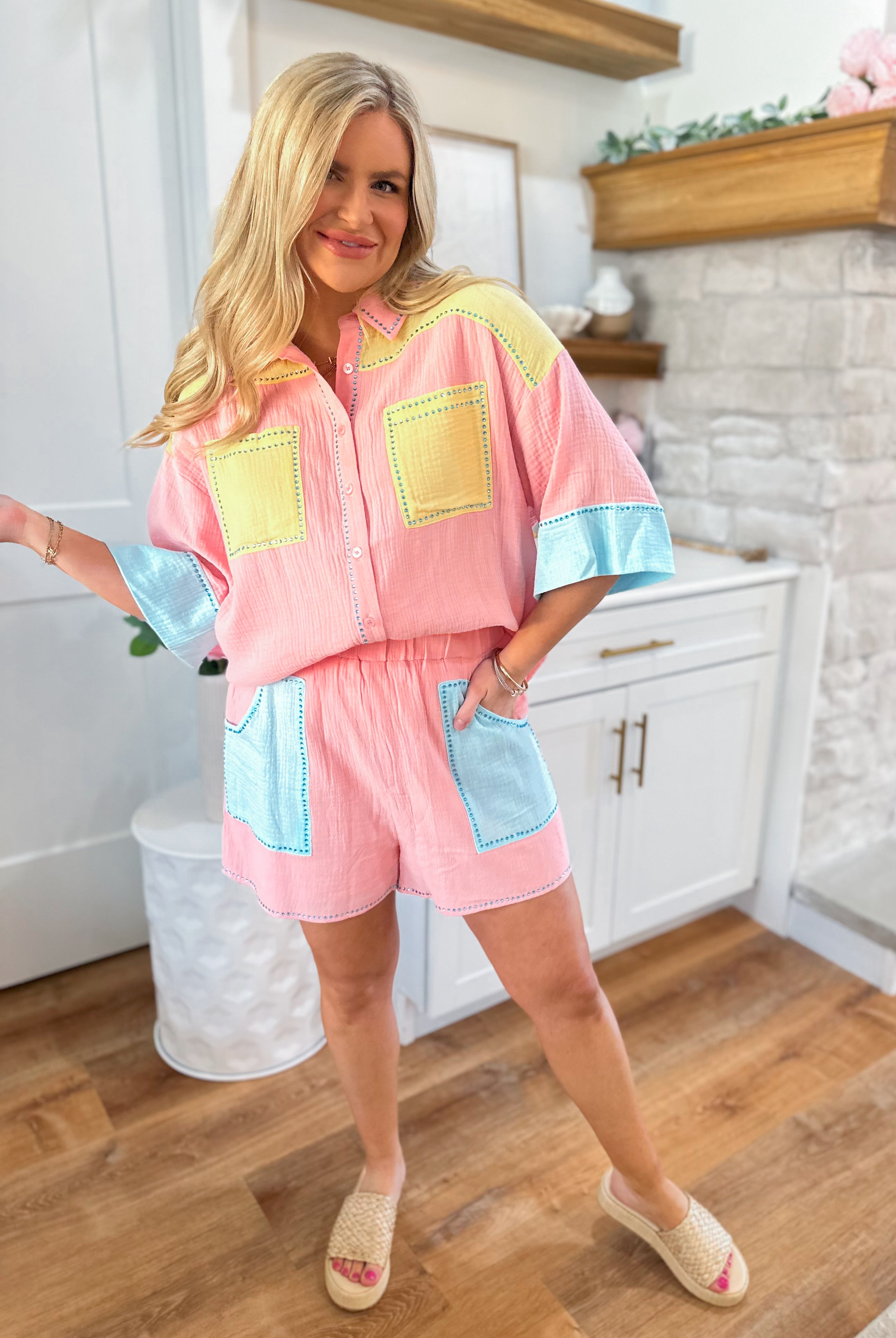 You're A Peach Stripe Rhinestone Top and Short Set - Be You Boutique