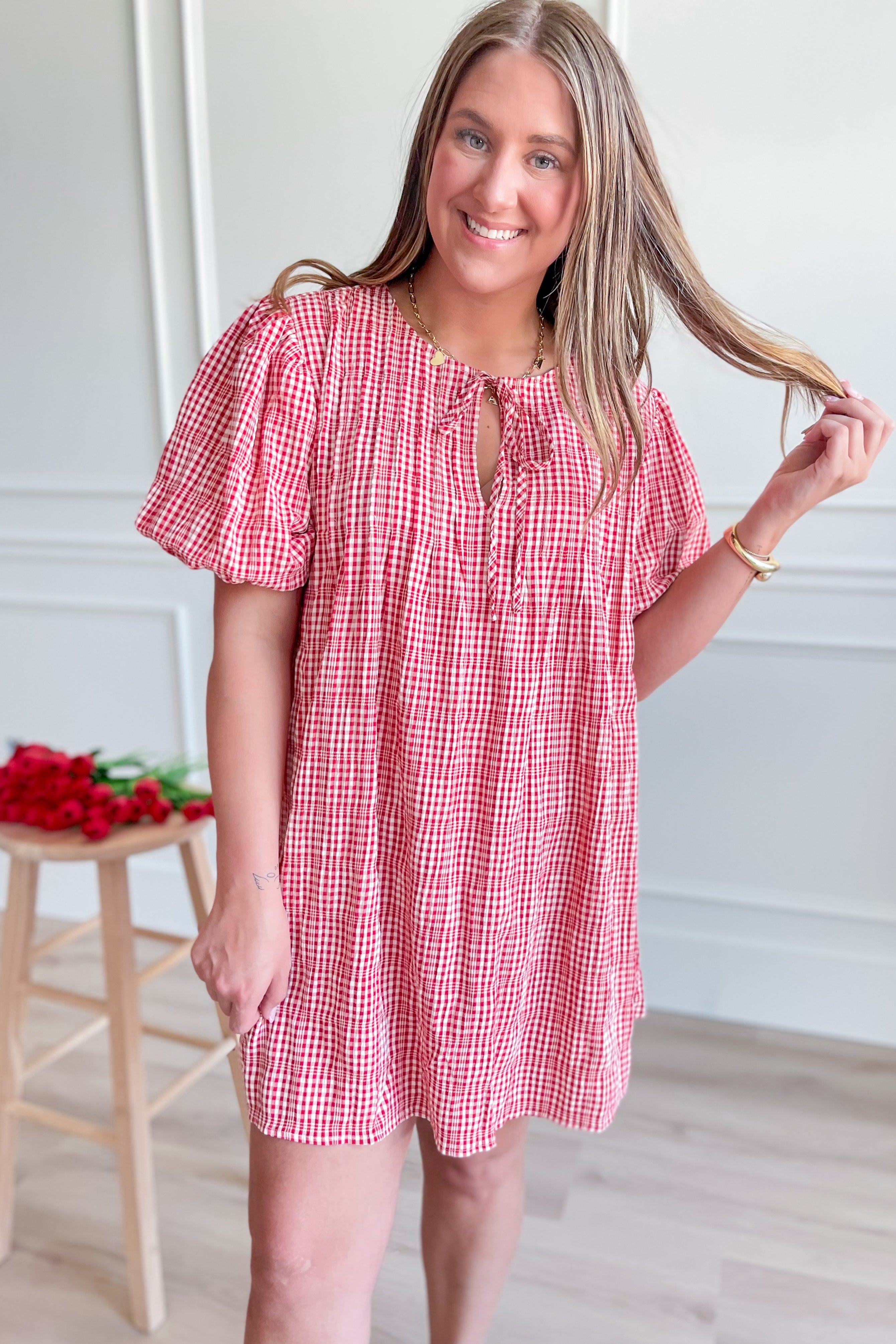 Carlie Plaid Printed Puff Sleeve Dress - Be You Boutique