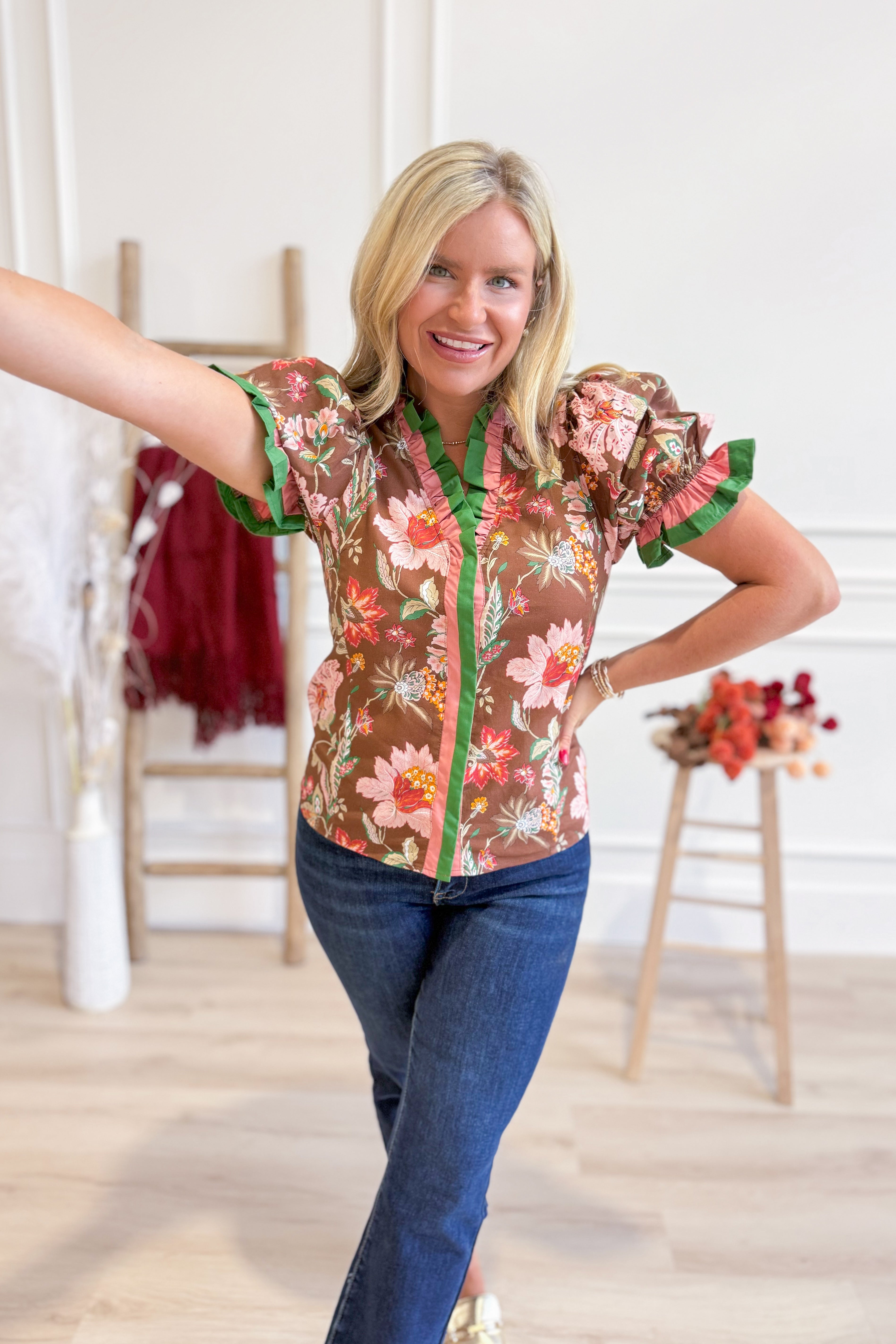 Gwen Multi Floral Ruffle Trim Top - Be You Boutique
