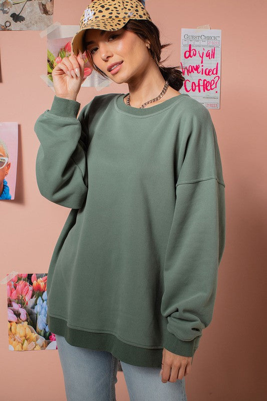 Joce Washed Fleece Oversize Cotton Sweatshirt Crewneck Top - Be You Boutique