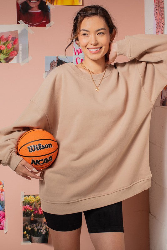 Joce Washed Fleece Oversize Cotton Sweatshirt Crewneck Top - Be You Boutique