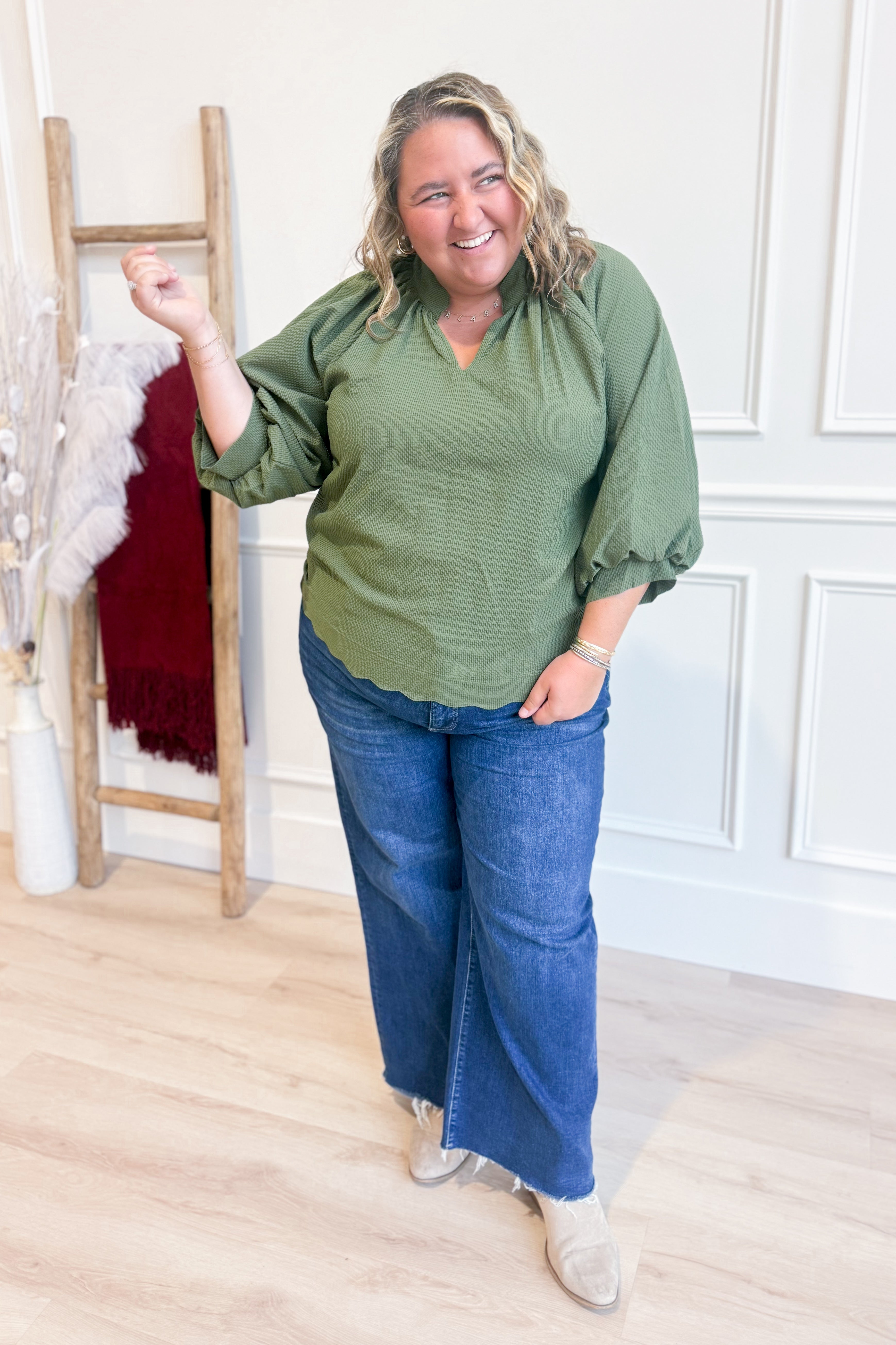 Lacey Textured Scallop Hem Blouse Top - Be You Boutique