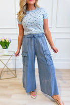 EASEL Mateo Mineral Washed Wide Leg Cargo Pants, 156 Pants, showing relaxed fit and multiple cargo pockets in natural fabric.