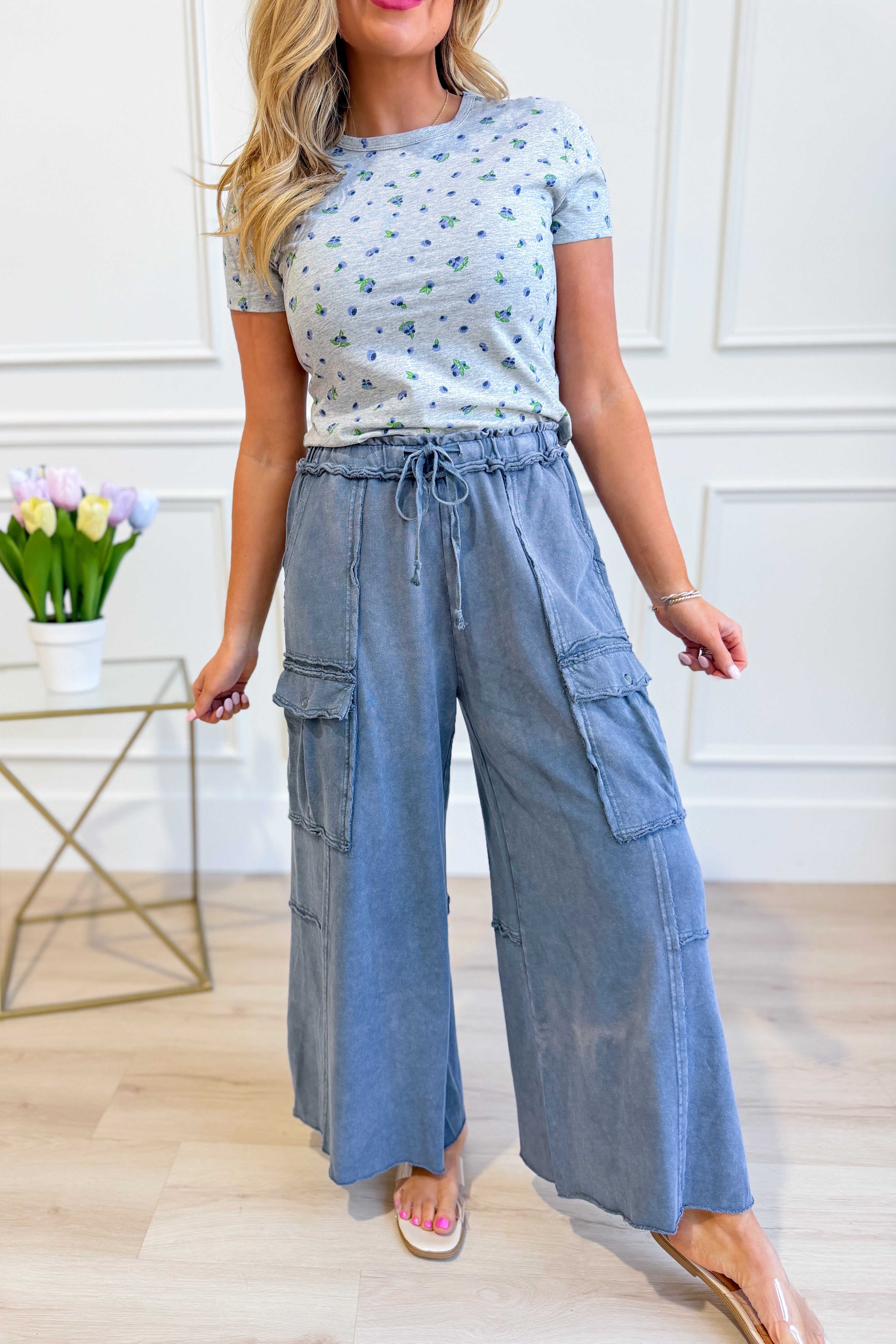 EASEL Mateo Mineral Washed Wide Leg Cargo Pants, 156 Pants, showing relaxed fit and multiple cargo pockets in natural fabric.