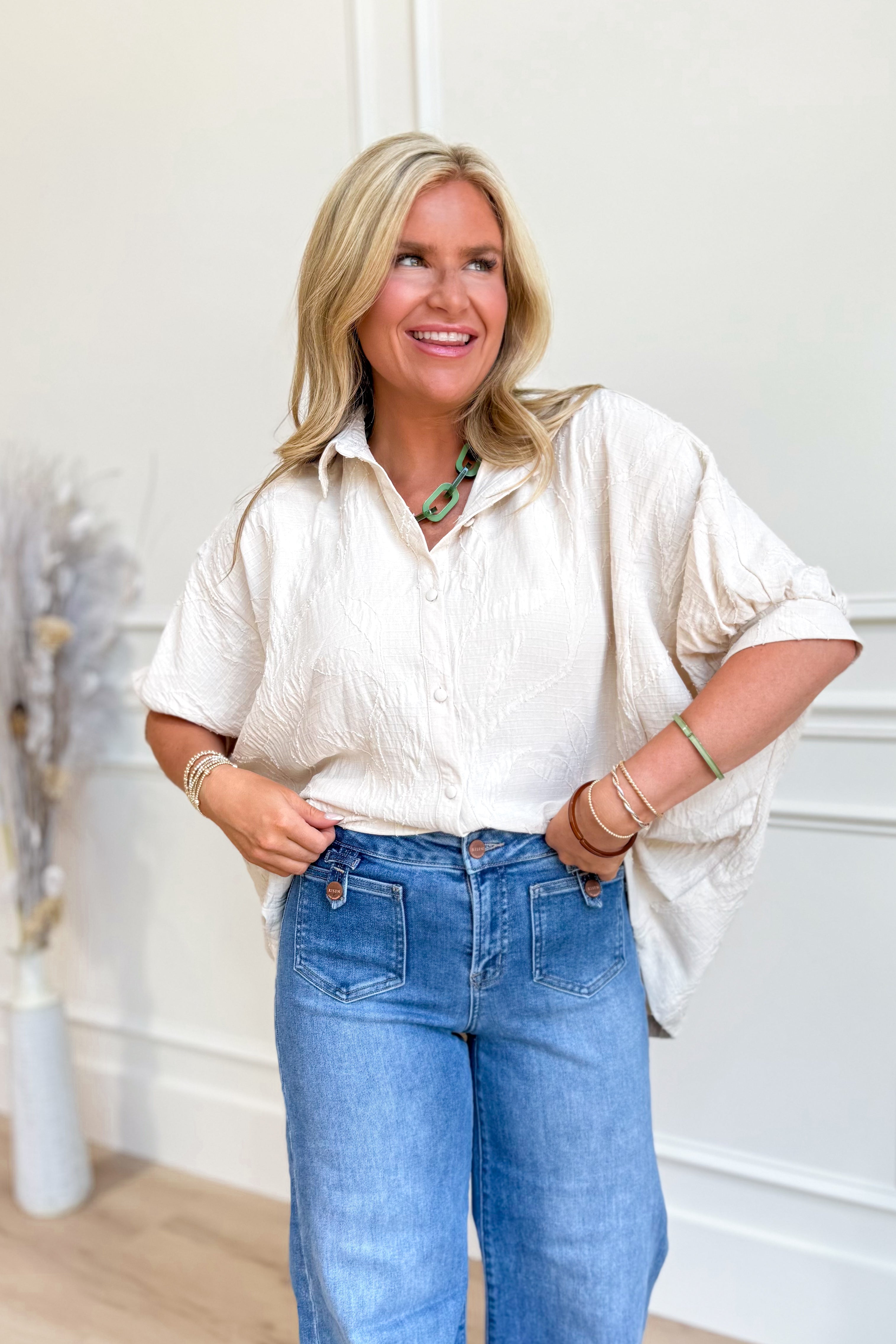 Mannie Jacquard Textured Leaf Print Blouse - Be You Boutique