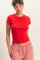 HYFVE Courtney Basic Ribbed Short Sleeve Top in a neutral color, close-up of the fitted, ribbed fabric and crew neckline.