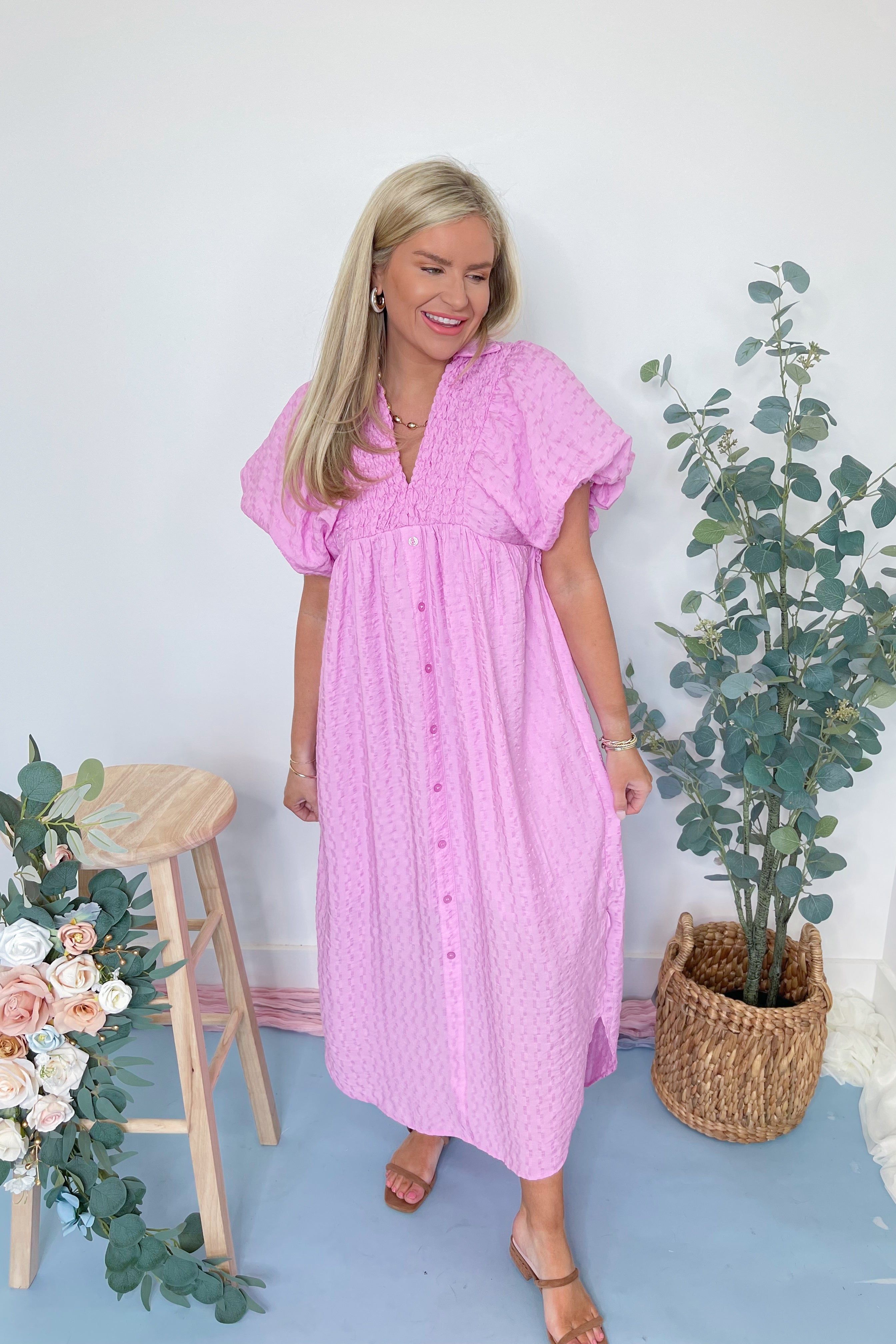 Sophia Textured Button Up Midi Dress - Be You Boutique