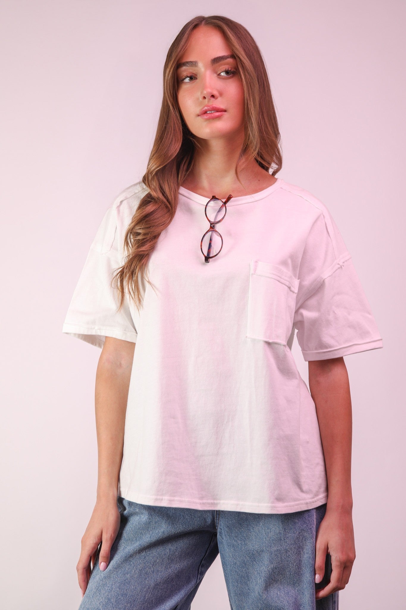 Clara Short Sleeve Washed Knit Pocket Tee - White - Be You Boutique