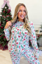 Mary Square Annie Tidings and Toile pajama set with patterned top and coordinating pants