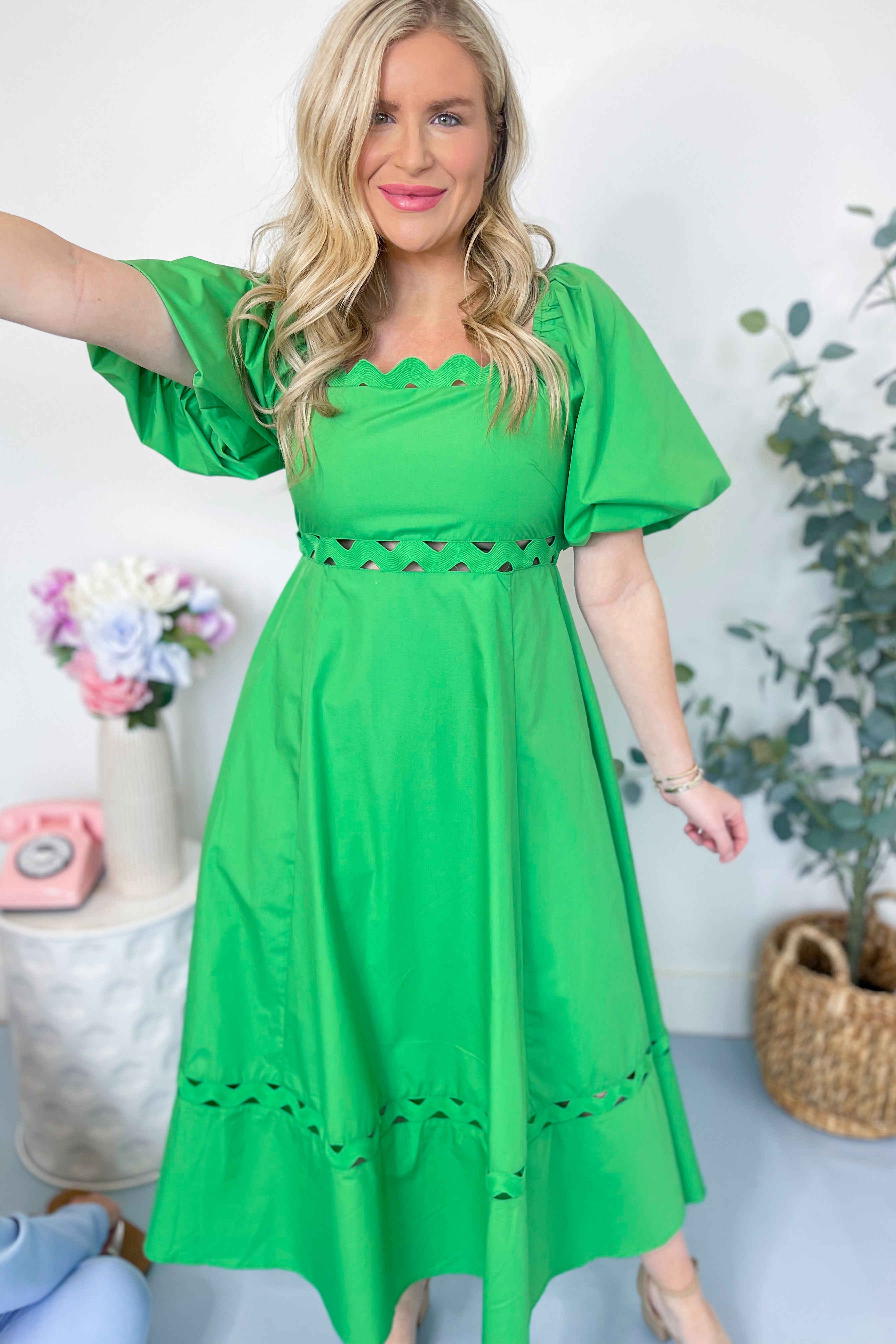 Brennley Puff Sleeve Ric Rac Trim Midi Dress - Be You Boutique