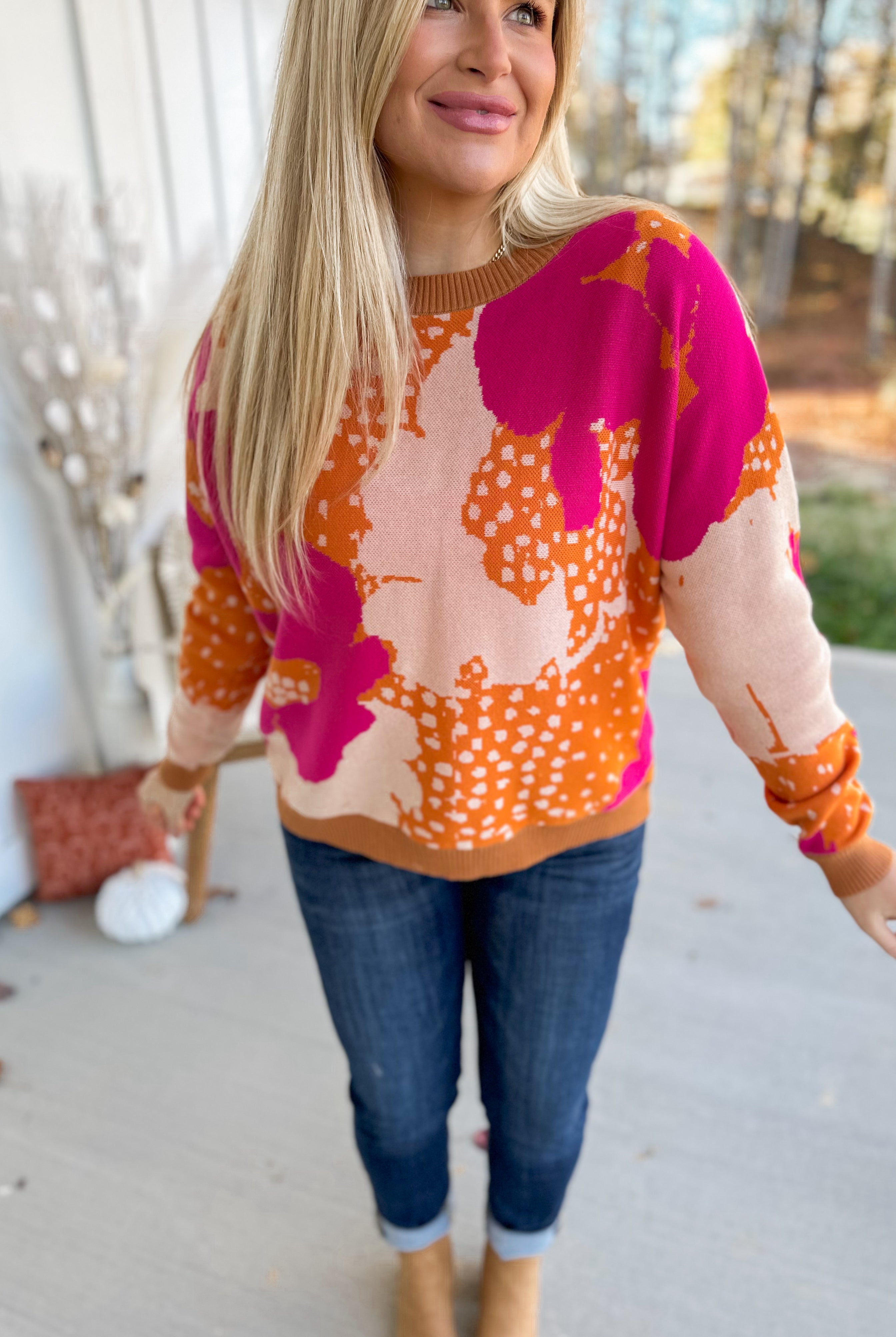 Joshua Floral Pattern Round Neck Long Sleeve Sweater - Be You Boutique