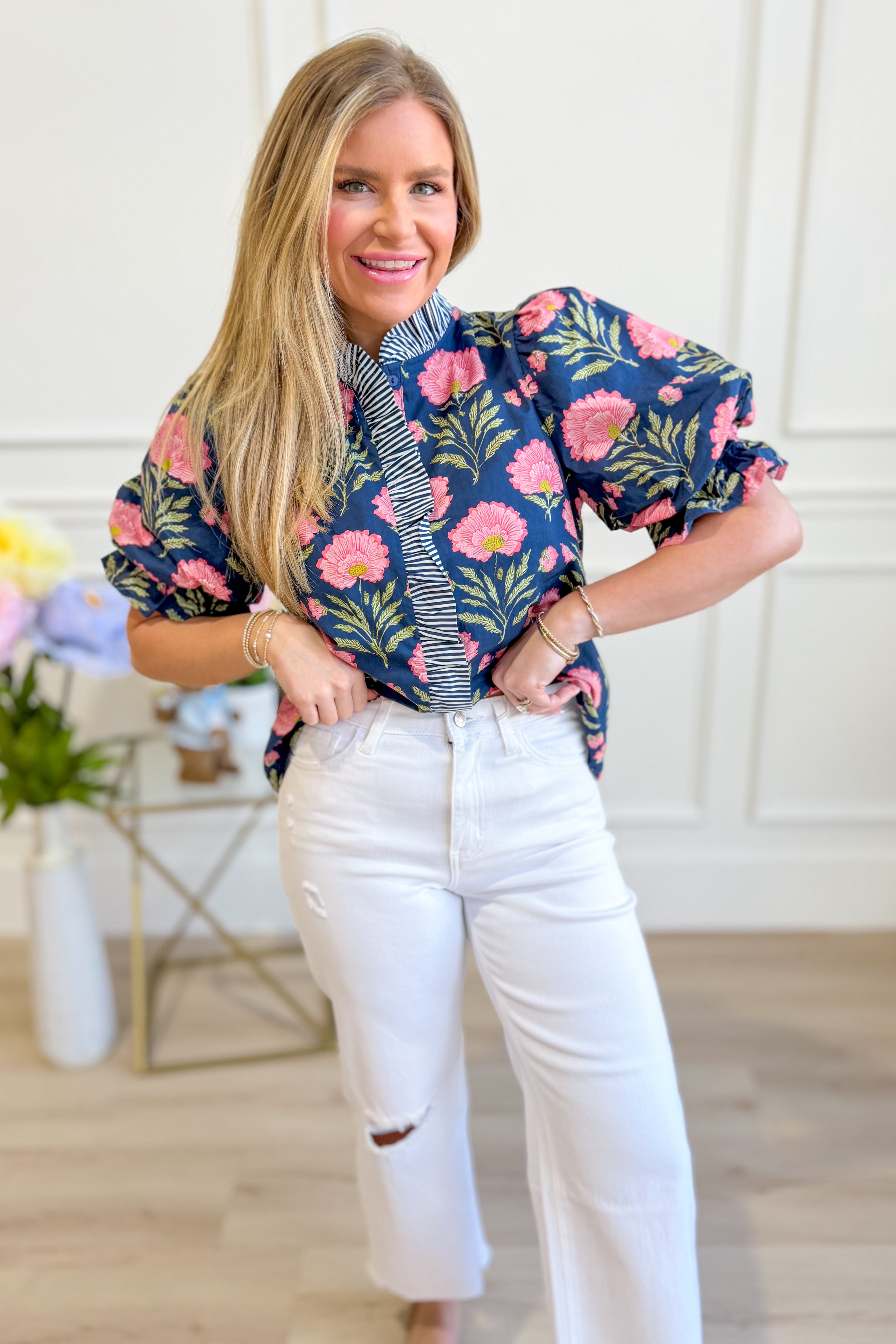 Janie Floral Contrasted Printed Top - Be You Boutique