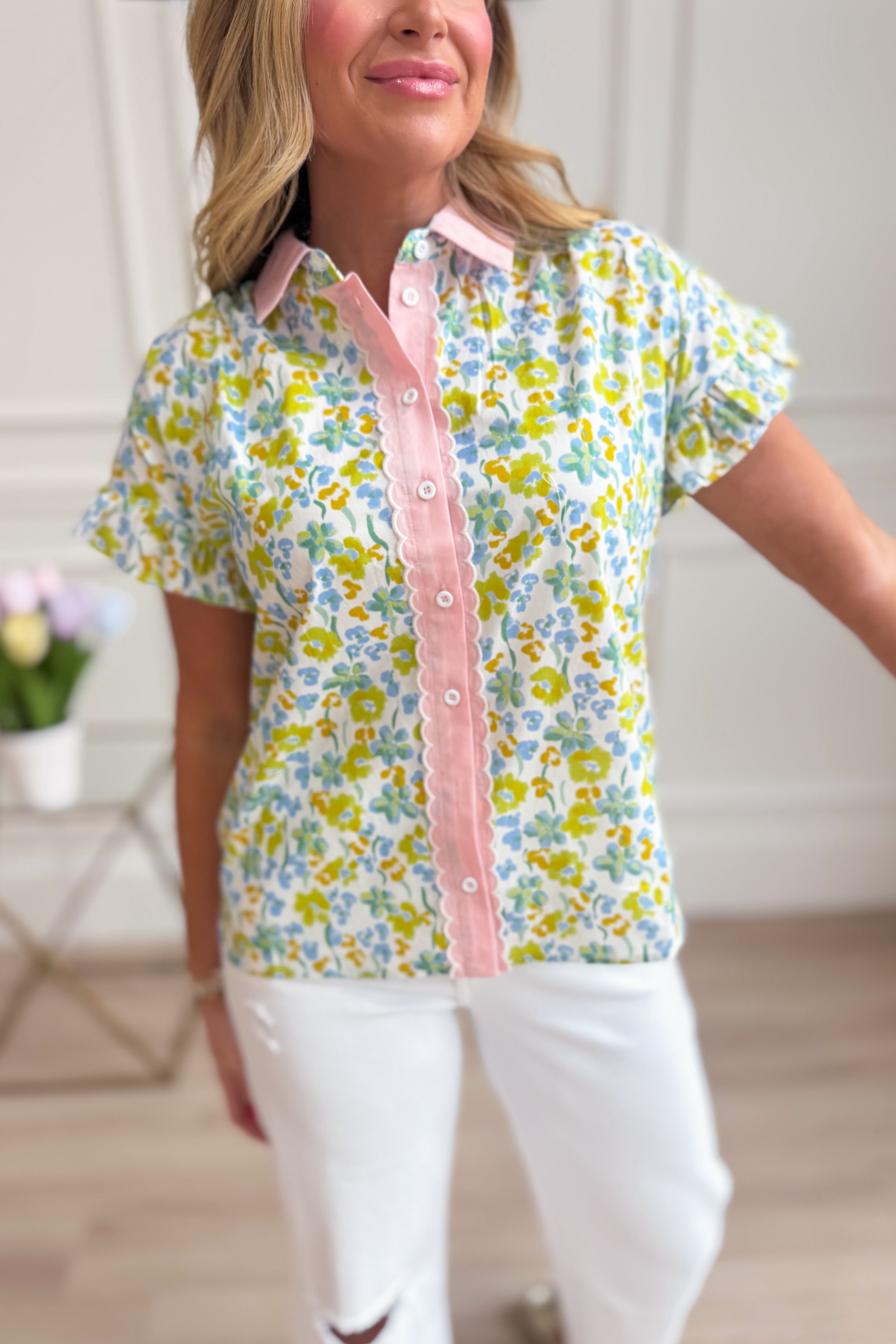 Colorful floral printed Tracey dressy top from EE:SOME, featuring a vibrant multicolor floral pattern and stylish design.