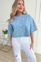 PEACH LOVE Grace Polka Dot Denim Top, 110 dressy top with long sleeves and button front, featuring a stylish polka dot pattern.