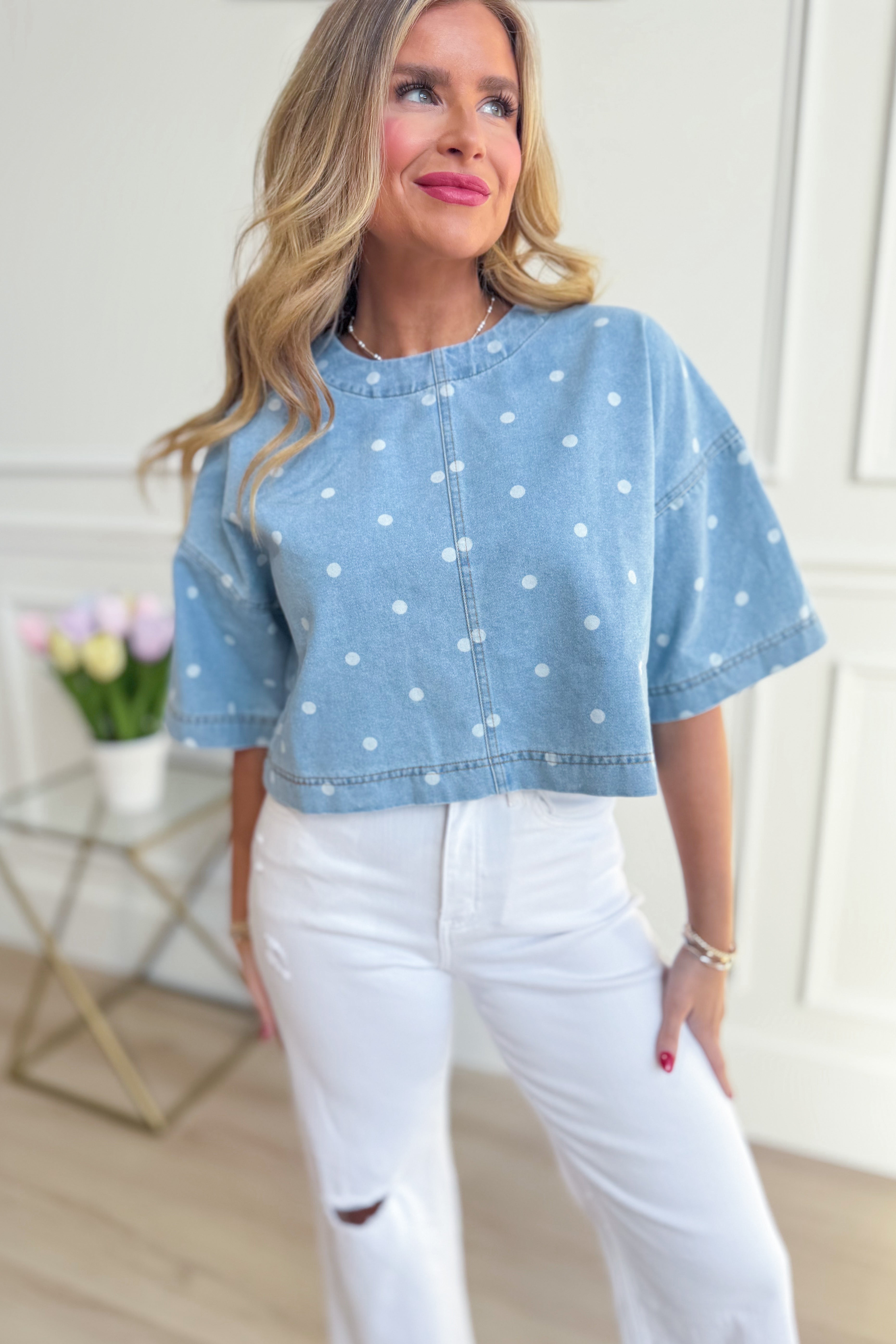 PEACH LOVE Grace Polka Dot Denim Top, 110 dressy top with long sleeves and button front, featuring a stylish polka dot pattern.