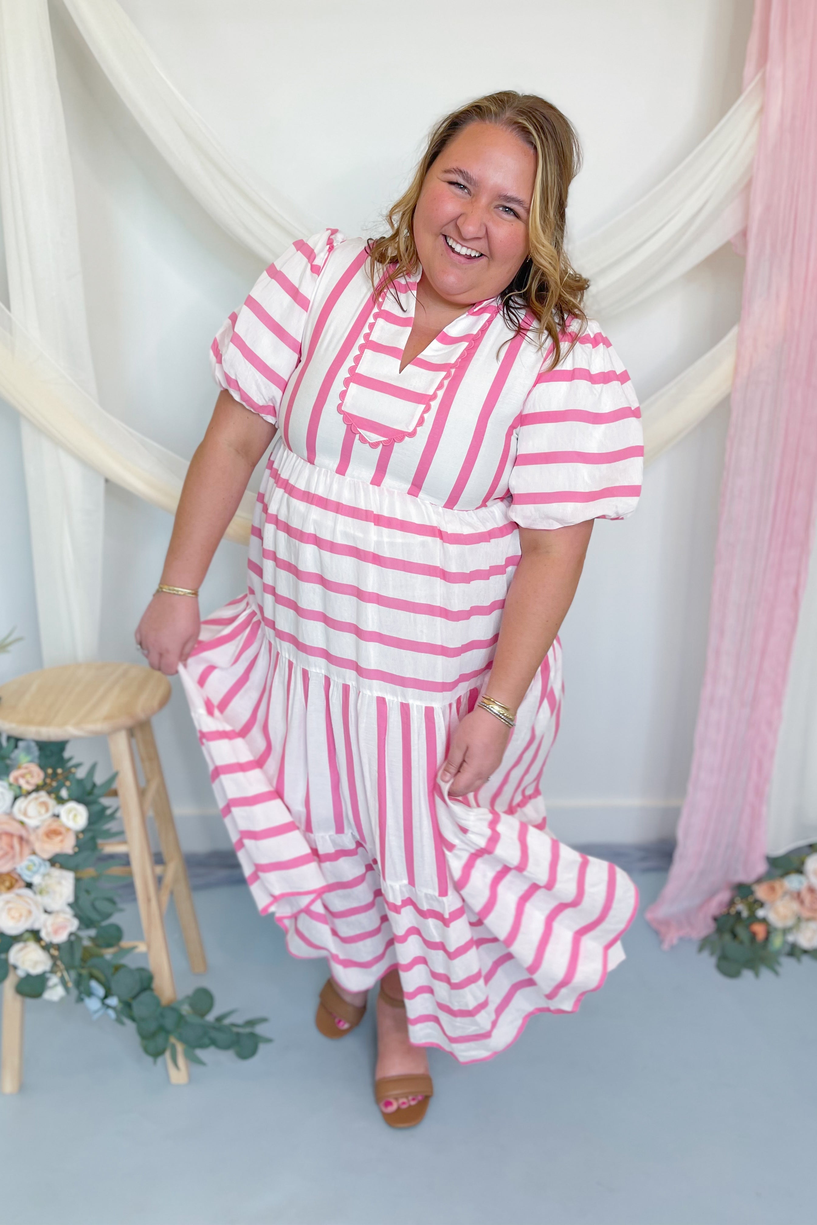 Ashley Striped Bubble Sleeve Midi Dress - Be You Boutique