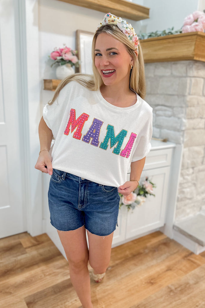 MAMA Short Sleeve Rhinestone Embroidery Top - Be You Boutique