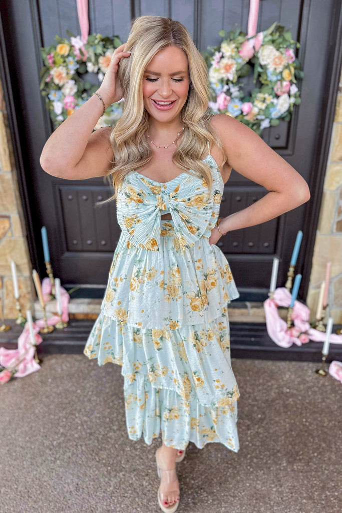 Rose Bow Accent Floral Tiered Midi Dress - Be You Boutique