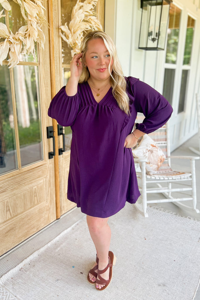 Luca Solid Balloon Long Sleeve Dress with Ruffle Details - Be You Boutique