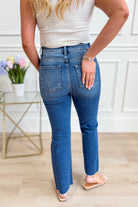 Risen James high-rise crop straight distressed denim jeans in 146 Core style, featuring button closure and a faded wash.