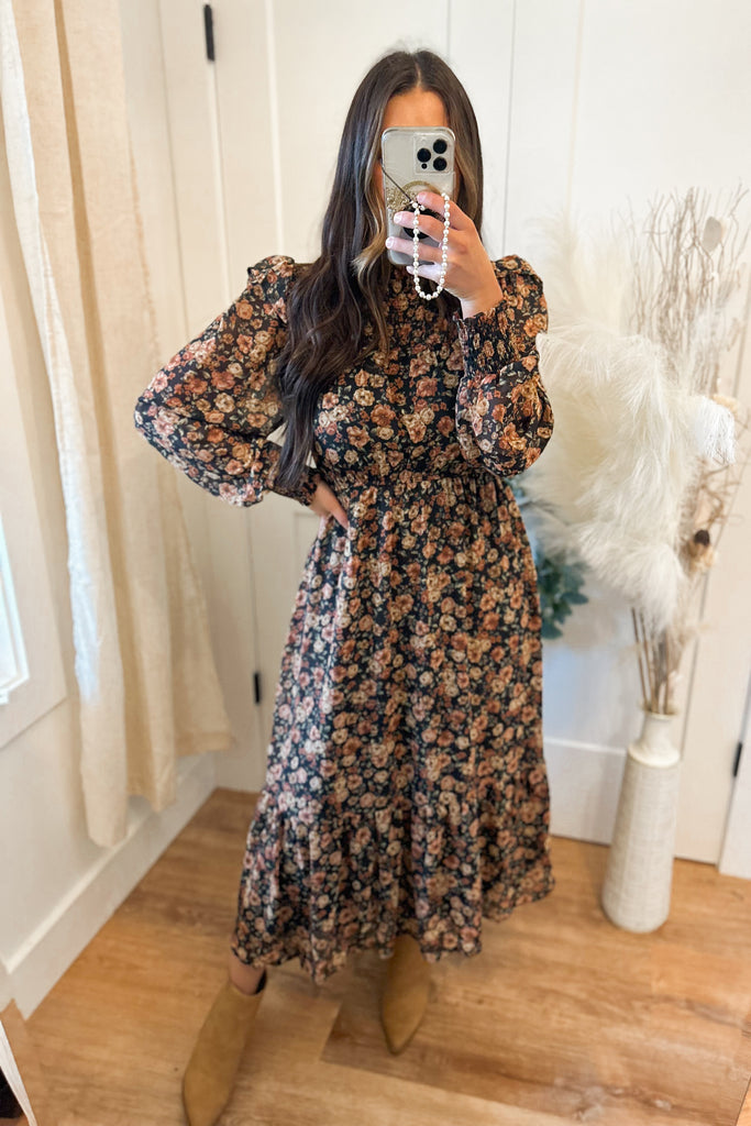 Harrison Floral Long Sleeve Mock Neck Midi Dress - Be You Boutique