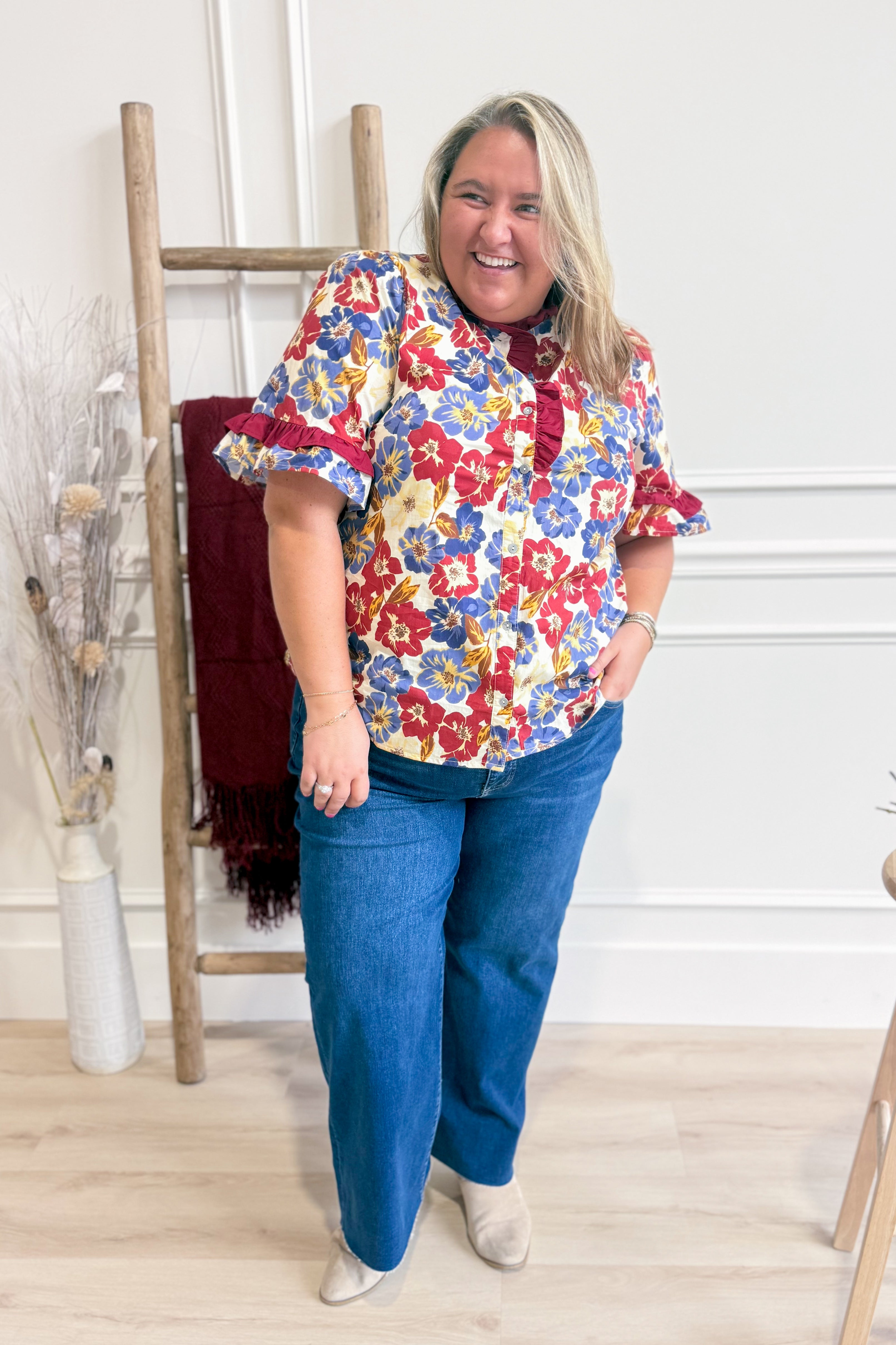 Kennedy Floral Print Ruffle Trim Top - Be You Boutique