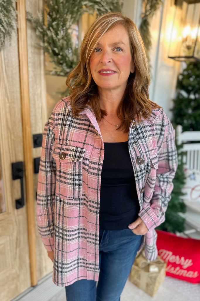 Jerry Long Sleeve Pink Plaid Sequin Shirt Jacket - Be You Boutique