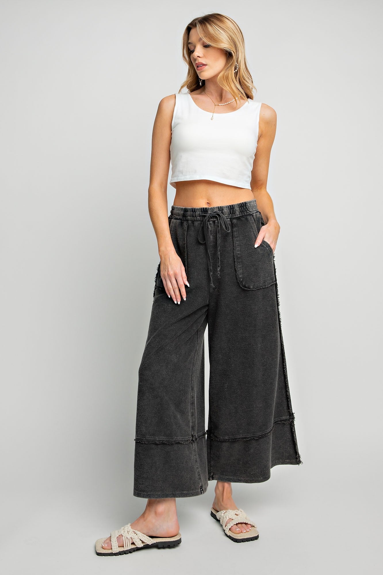 Caris Mineral Washed Upside Down Terry Knit Wide Leg Palazzo Pants - Be You Boutique