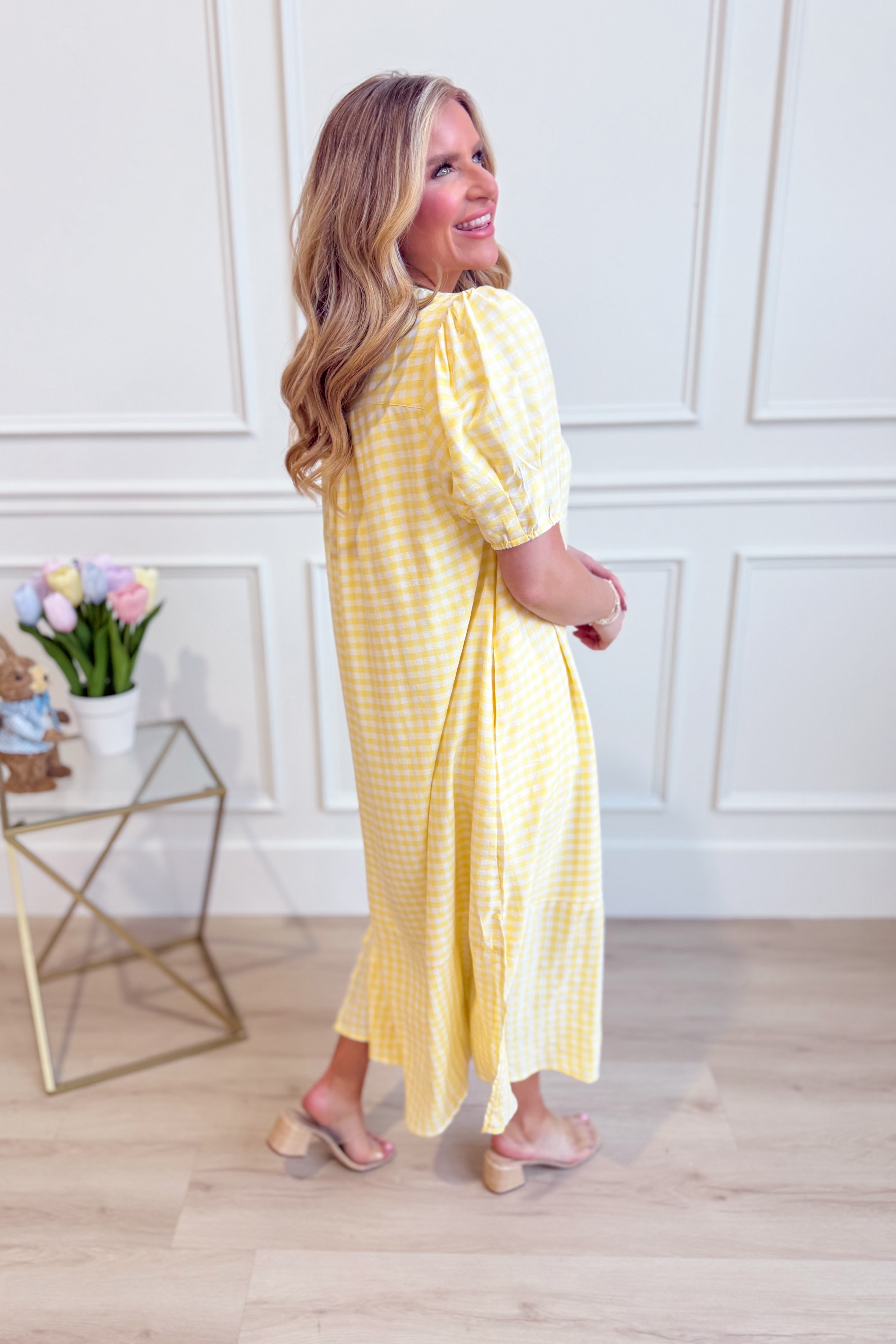 UMGEE USA Tonya plaid printed midi dress with long sleeves and a fitted waist, perfect for dressy occasions.