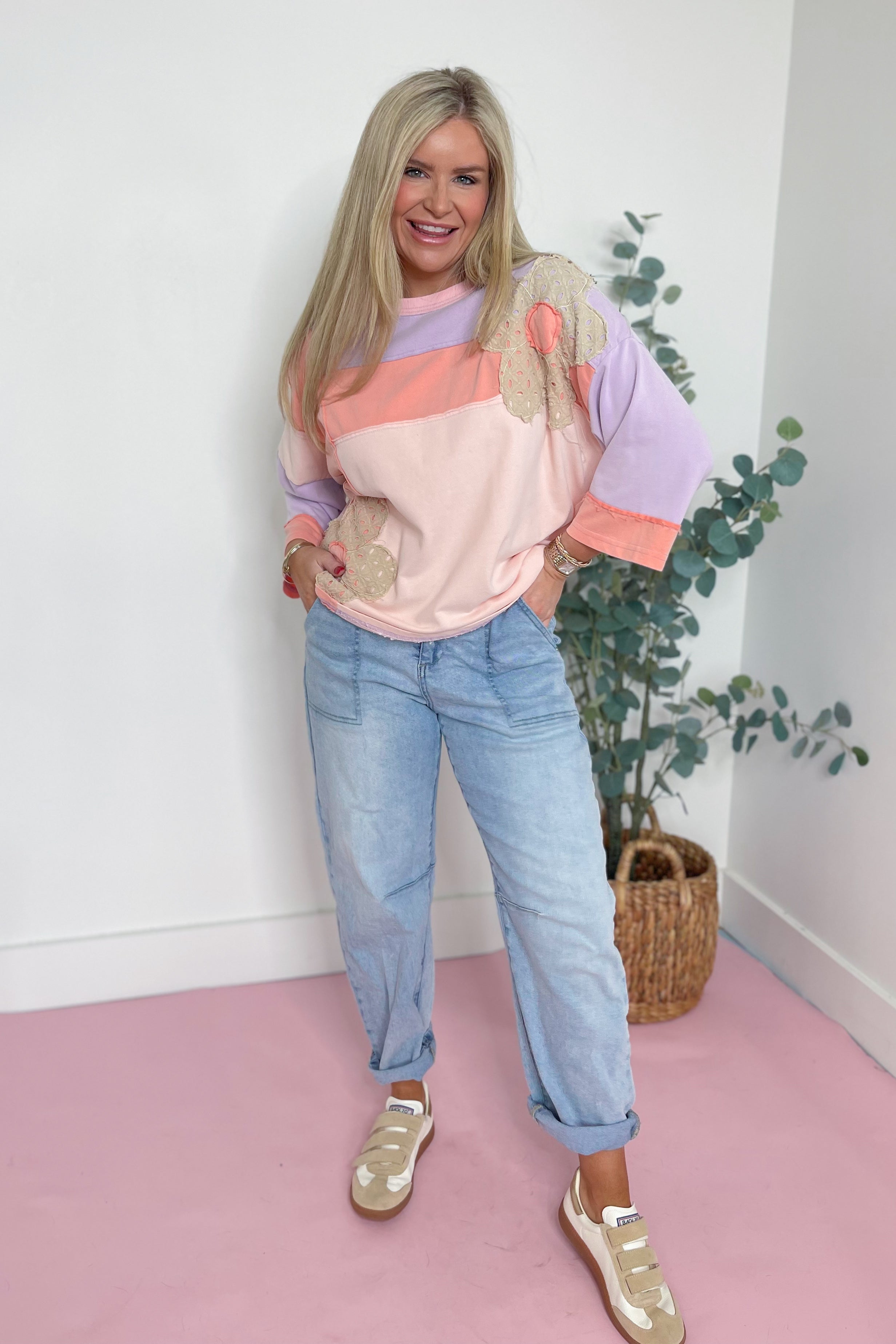 Hannah Flower Patch Color Block Top - Be You Boutique