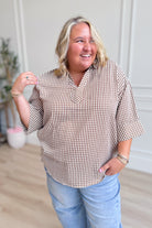 ENTRO Annie Gingham V-Neck Top from the 110 Dressy Tops collection, featuring a stylish gingham pattern and V-neck design.
