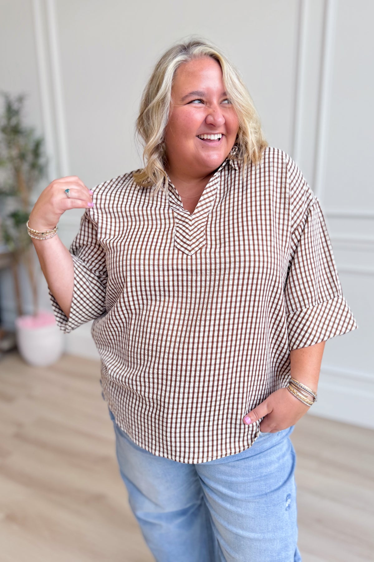 ENTRO Annie Gingham V-Neck Top from the 110 Dressy Tops collection, featuring a stylish gingham pattern and V-neck design.