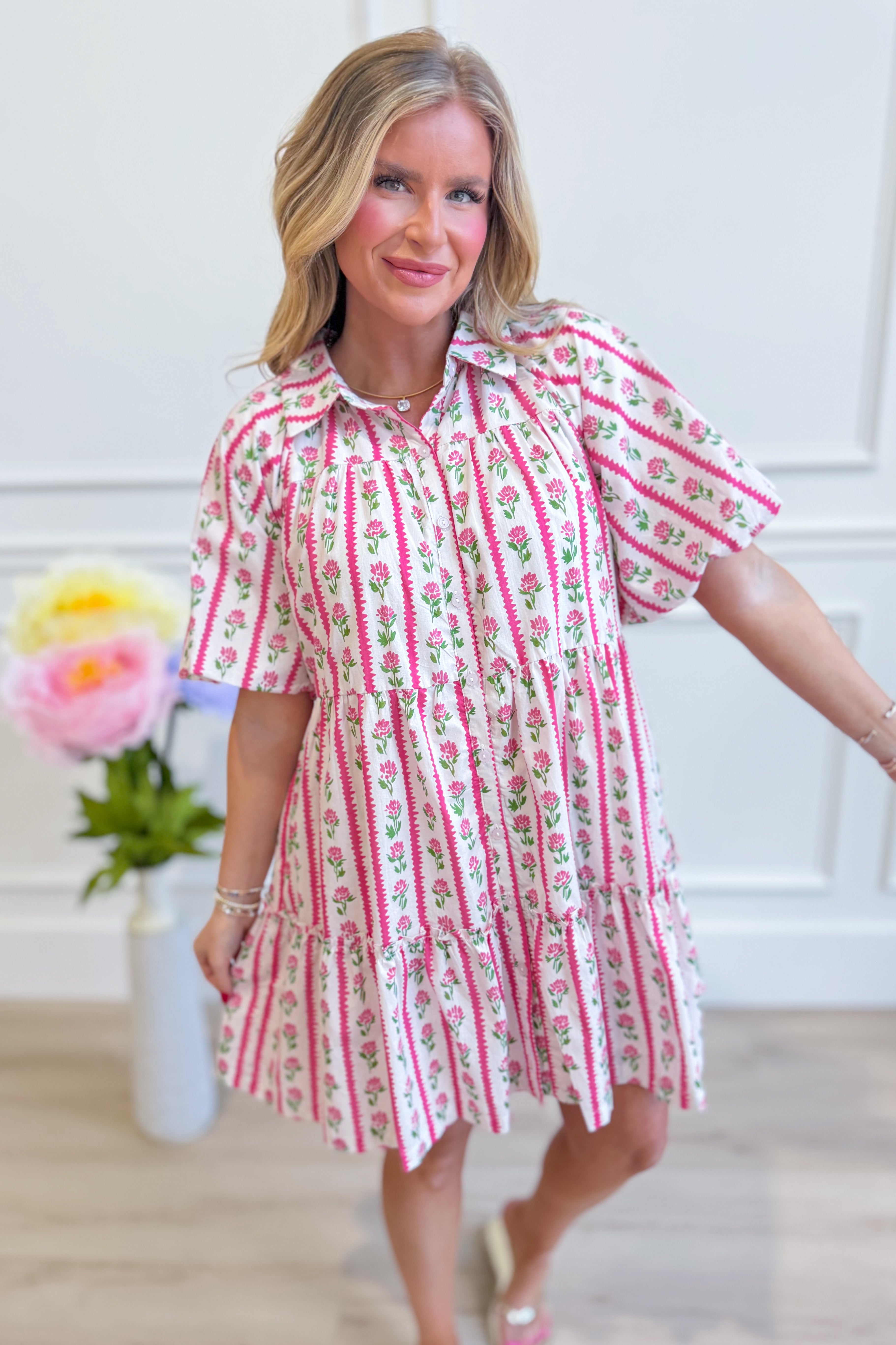 Mia floral stripe print dress by MITTOSHOP, featuring a stylish dressy dress with colorful floral and stripe pattern.