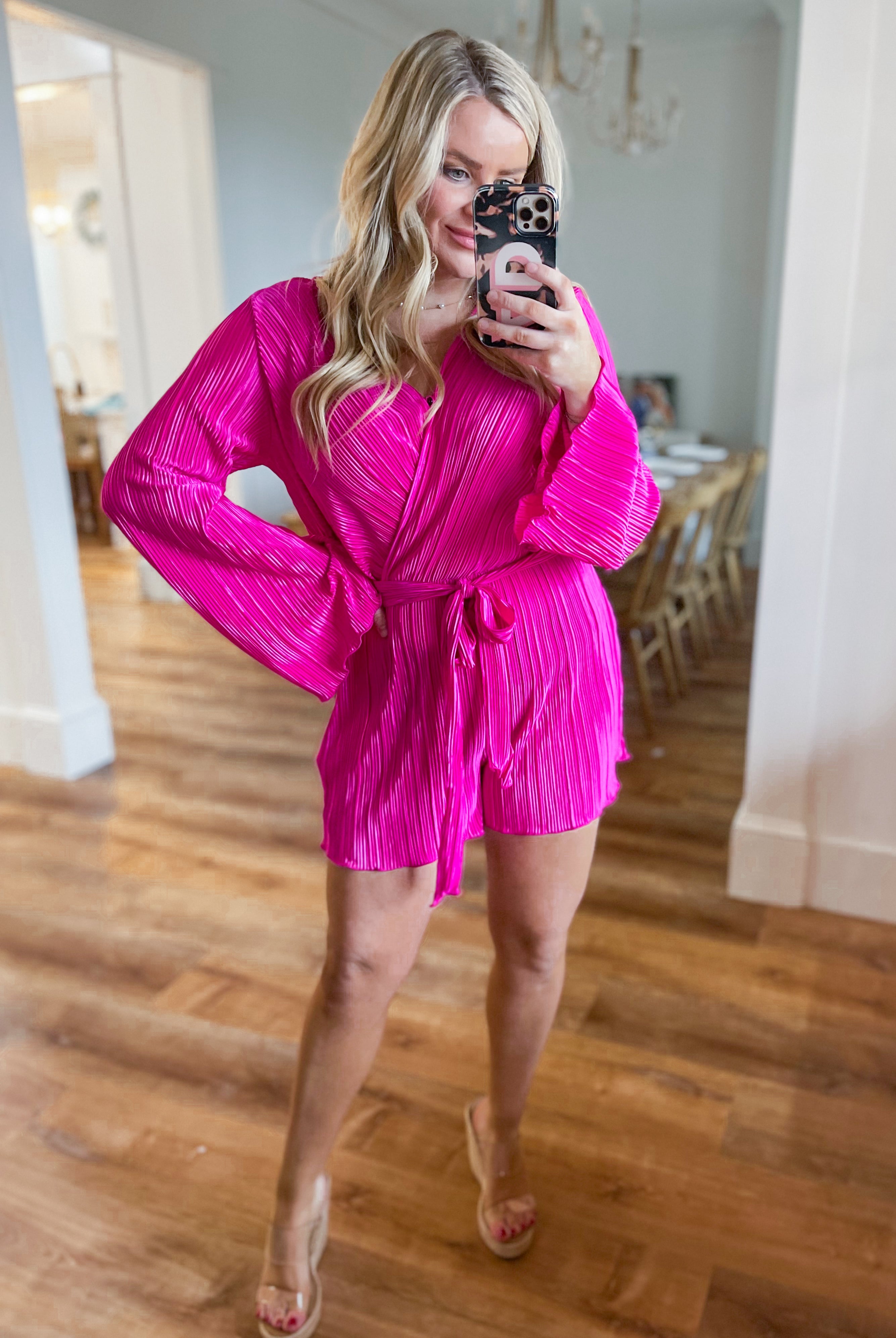 Julian Long Sleeve V Neck Pleated Satin Romper - Be You Boutique