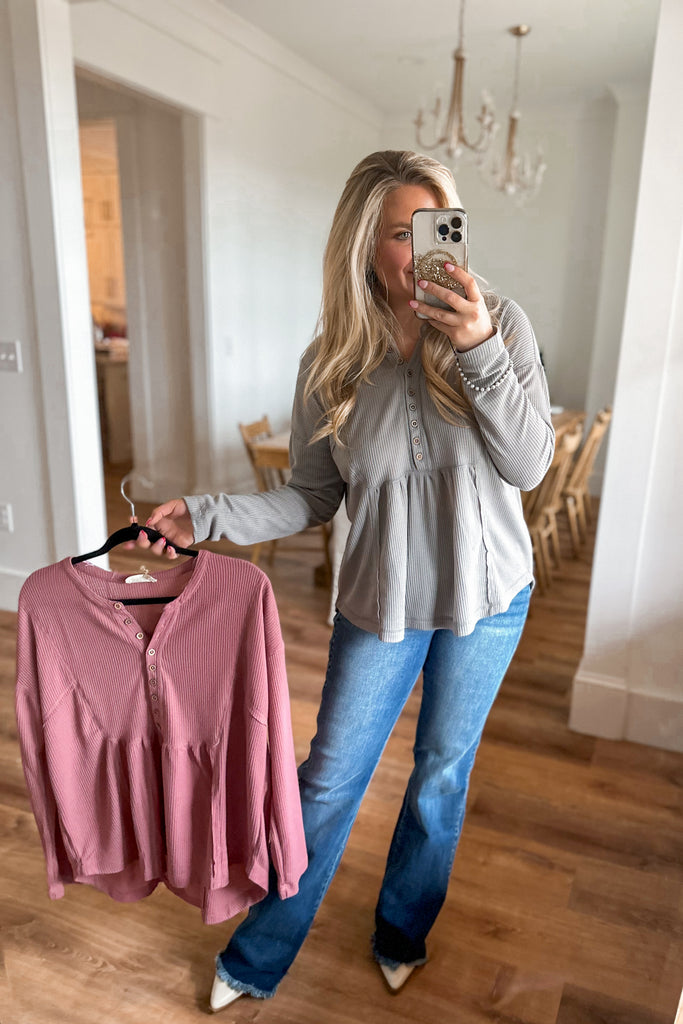 Julia Casual Comfy Waffle Knit Henley Top - Be You Boutique