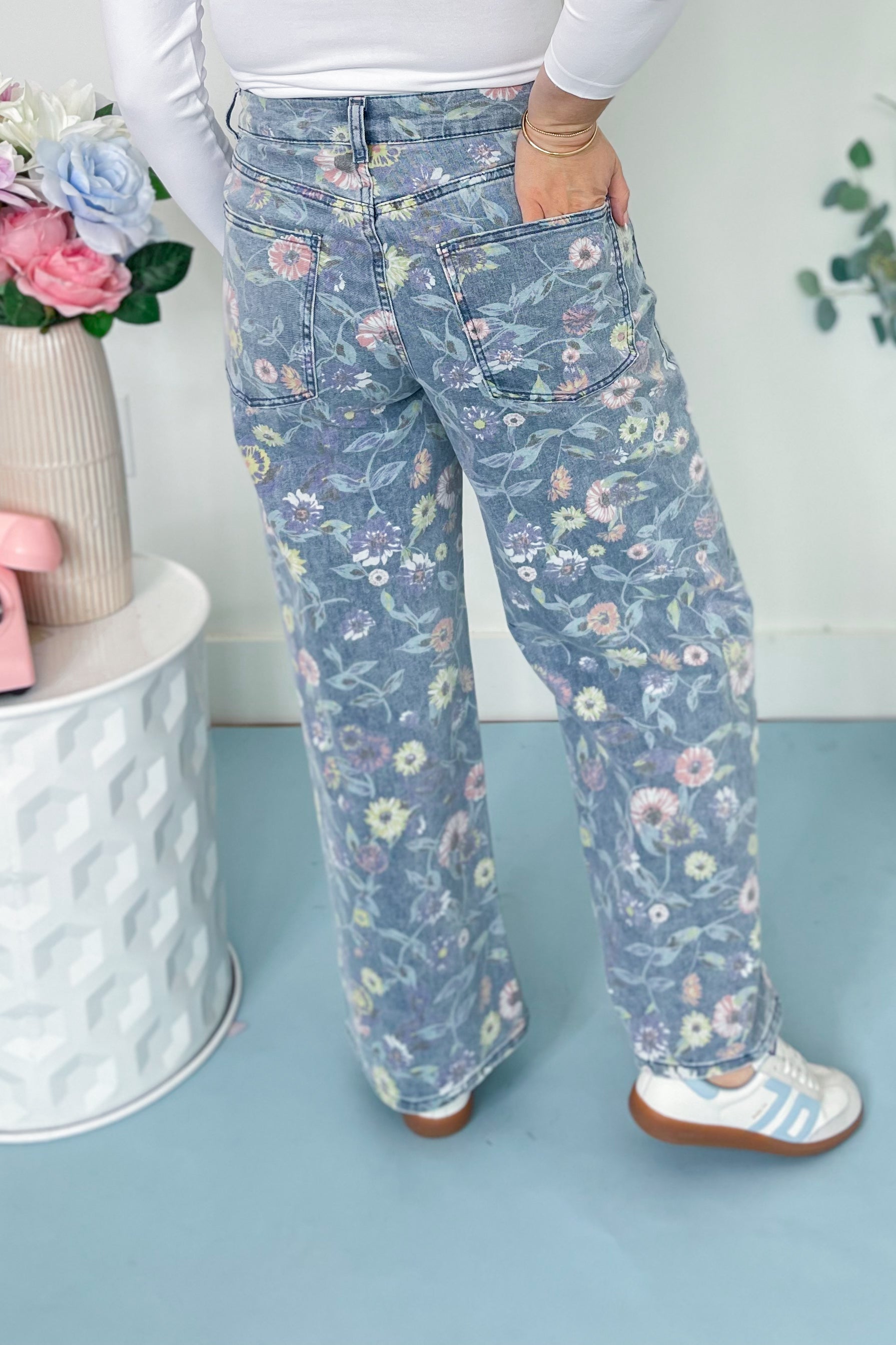 Aly Floral Washed Denim Twill Pant - Be You Boutique