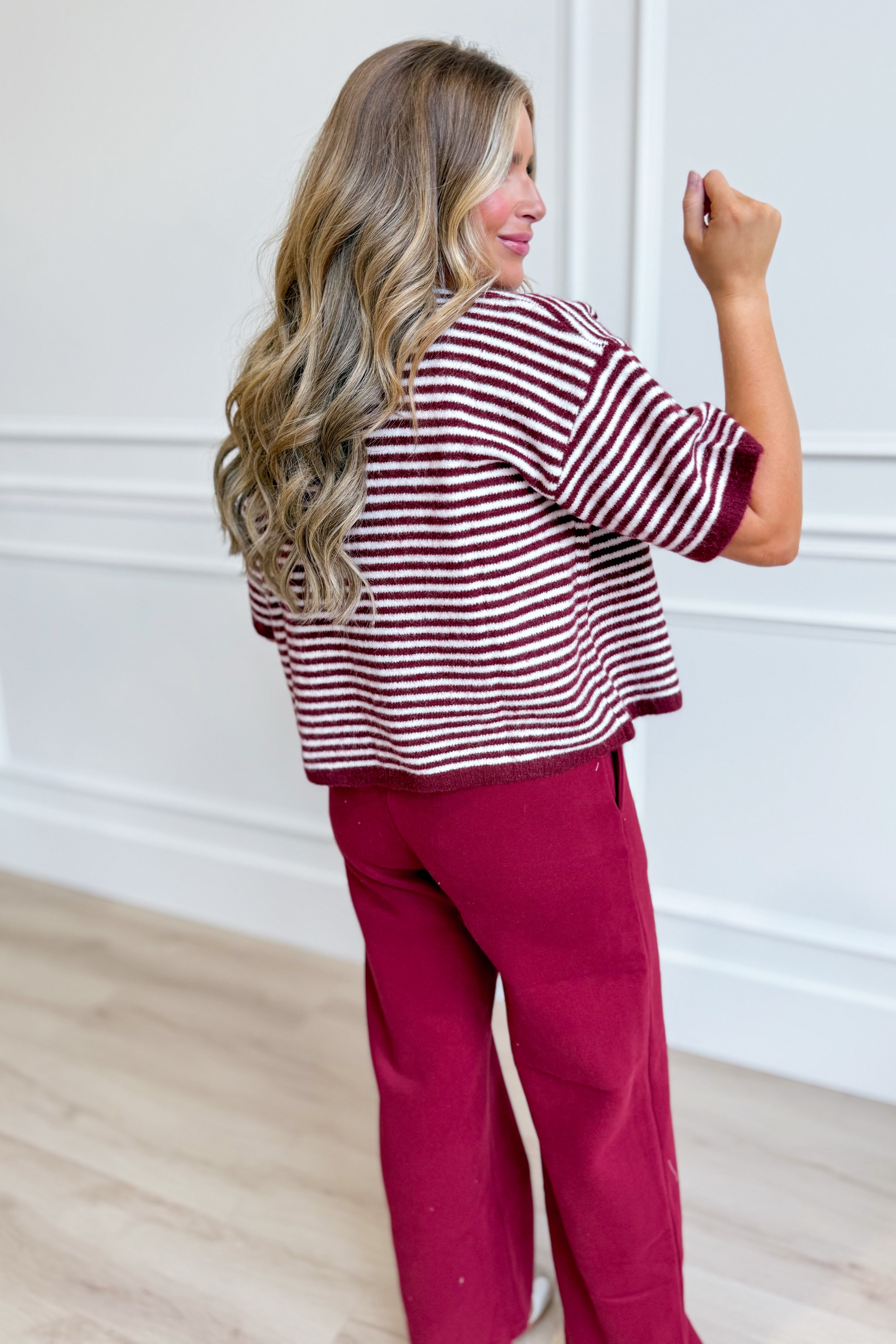 Twentifourth Morgan Merlot short sleeve striped sweater top, 132 fall sweater, featuring red and white horizontal stripes.