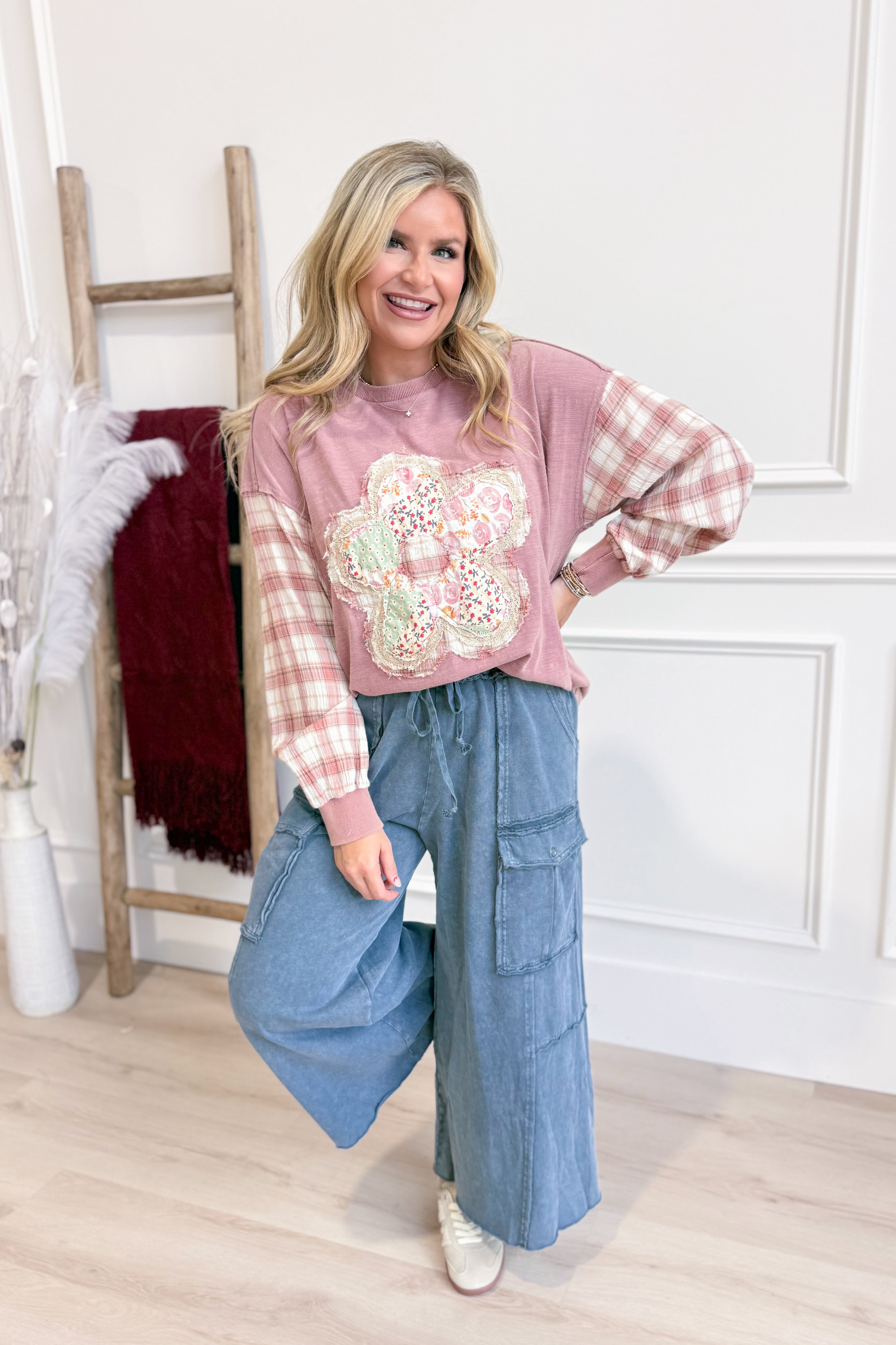 Sonya Plaid Sleeve Flower Patch Top - Be You Boutique