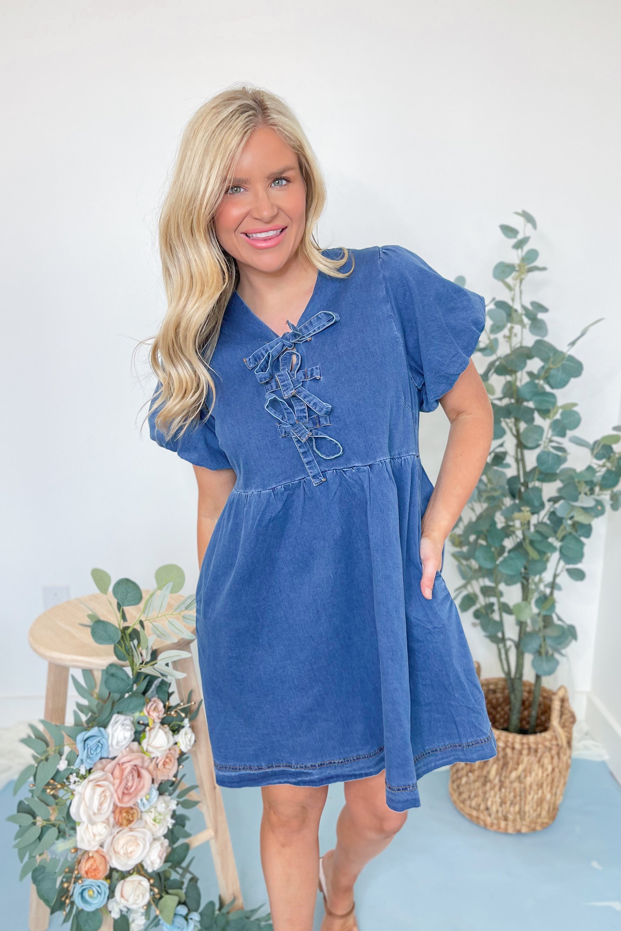 Heather Balloon Sleeve Peplum Denim Dress - Be You Boutique