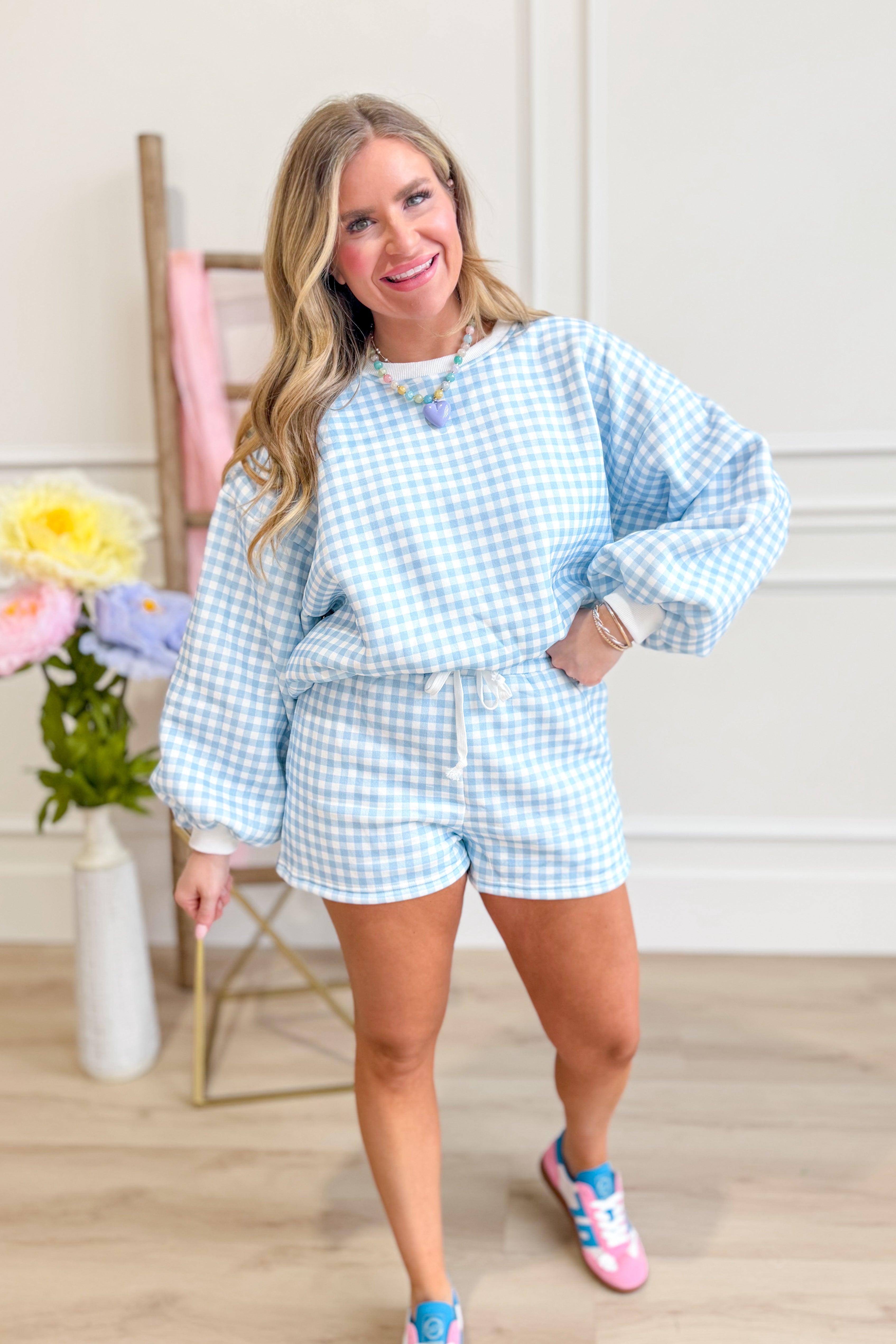 Noelle Blue Gingham Printed Short Set - Be You Boutique