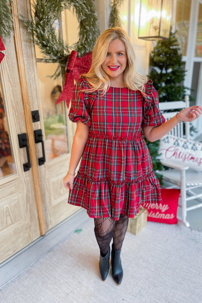 Jerry Puff Sleeve Plaid Tiered Ruffle Trim Dress - Be You Boutique